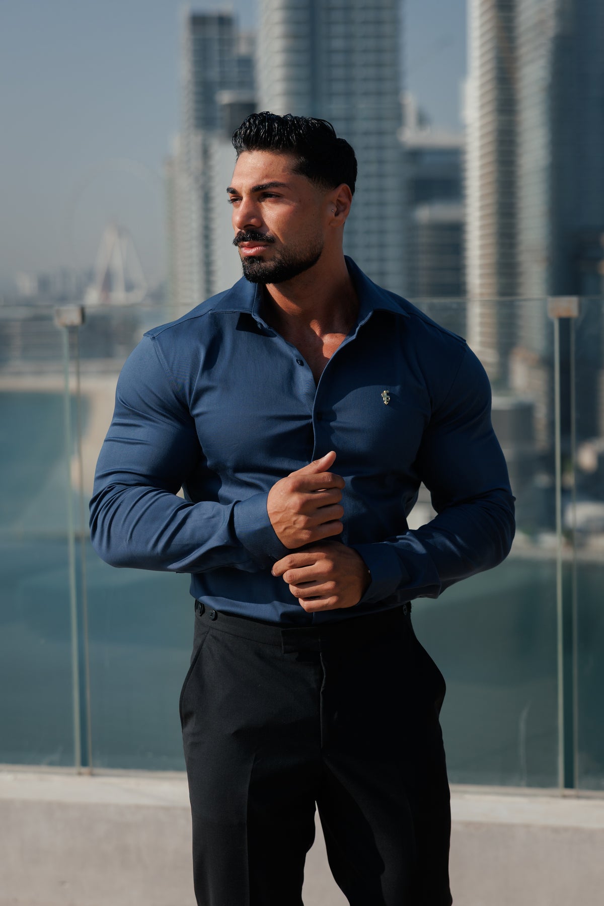 Super Slim Stretch New Navy Denim Long Sleeve with Gold Metal Decal and Cutaway Collar - FS1314