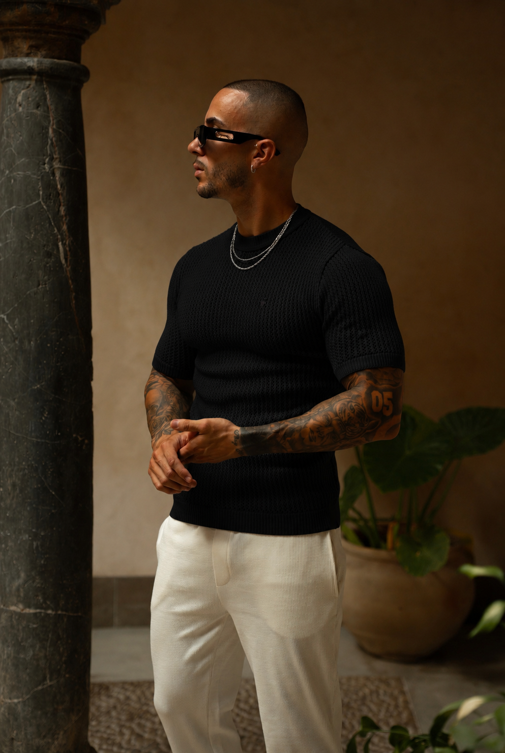 Black Crochet Viscose Plain Knitted Short Sleeve T-Shirt - FSJ183