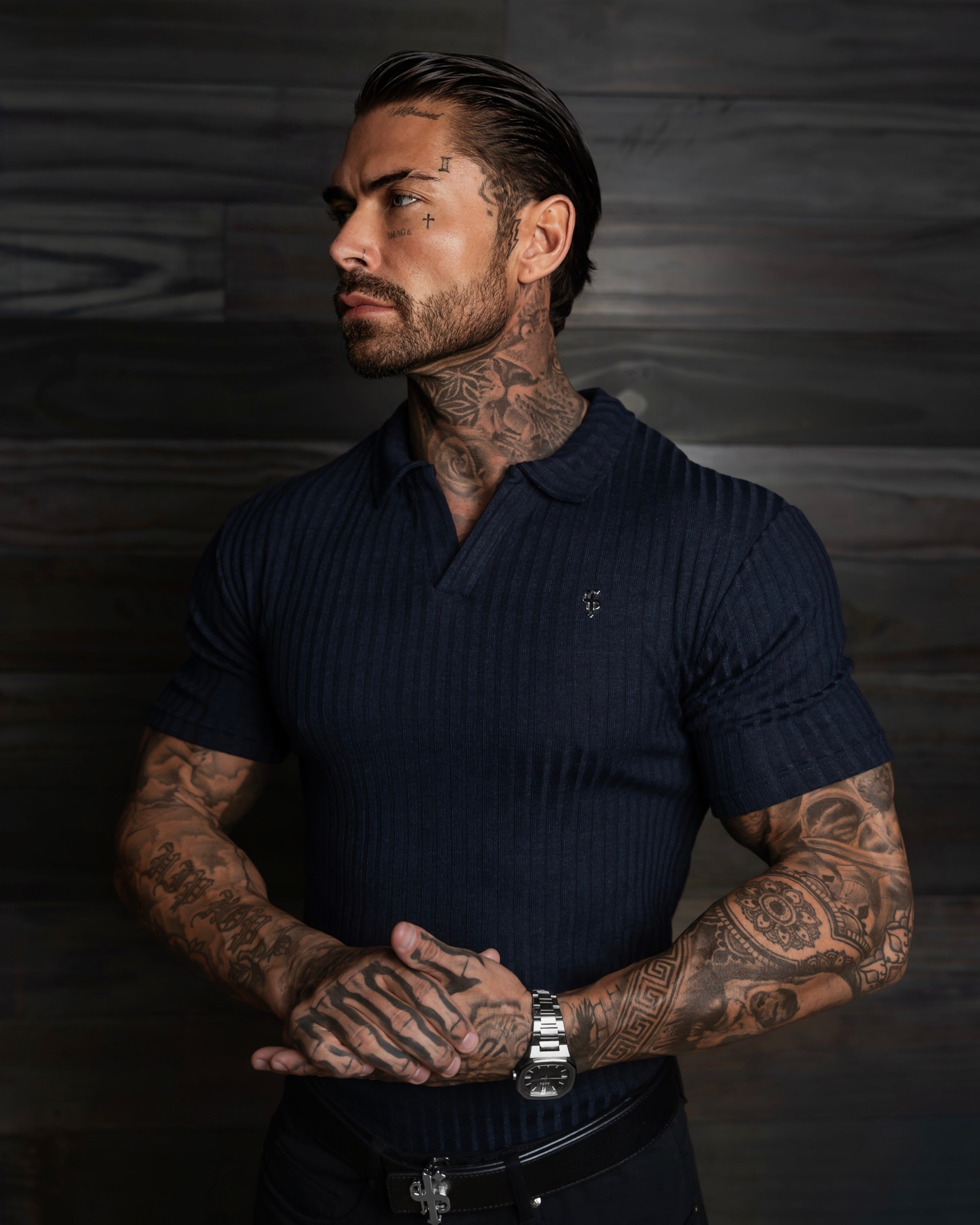 Dark Navy / Silver Ribbed Revere Short Sleeve Polo Shirt - FSH1410