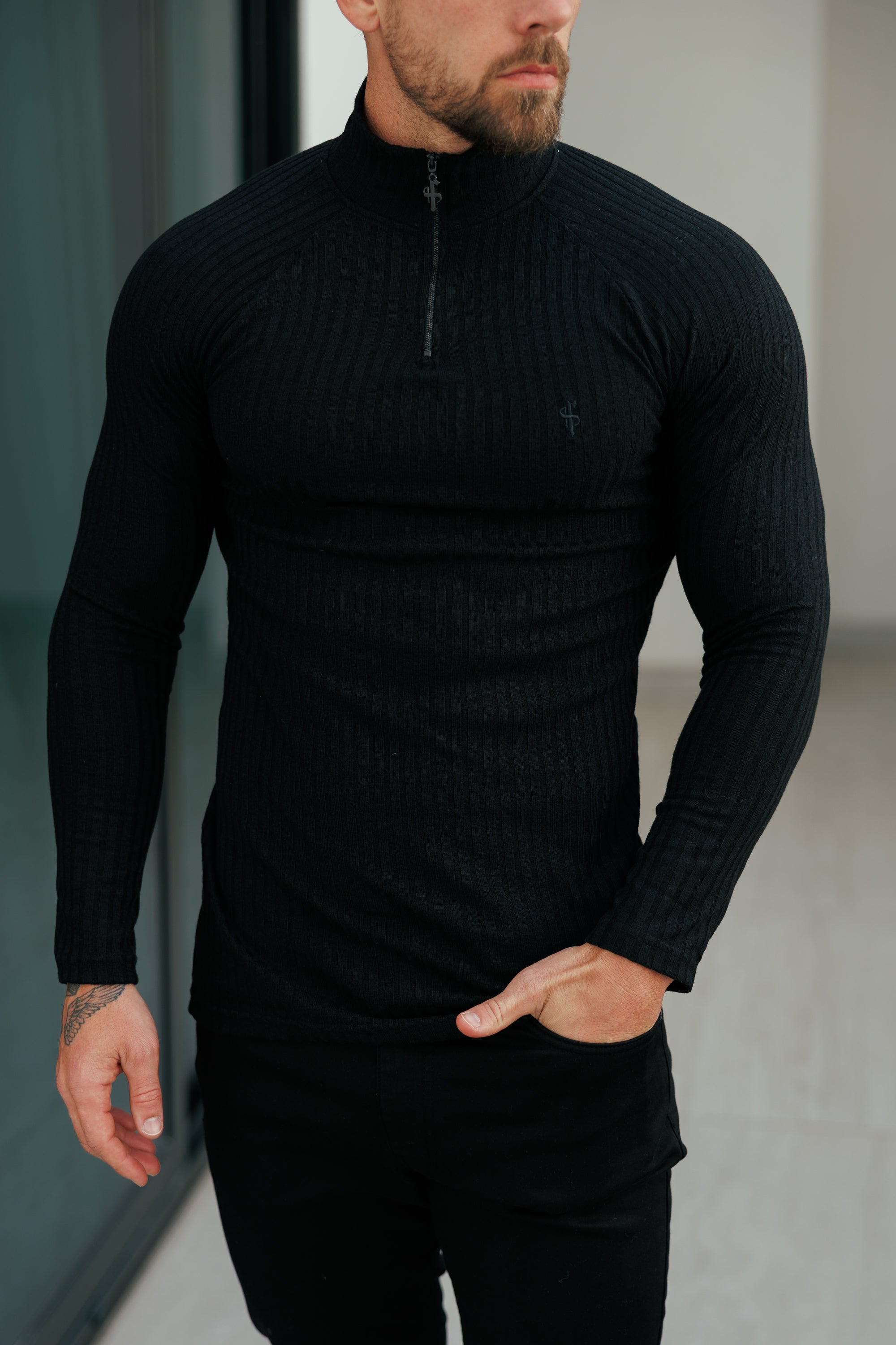 Super Slim Black Ribbed Zip Funnel Neck Raglan Long Sleeve Crew - FSH1265