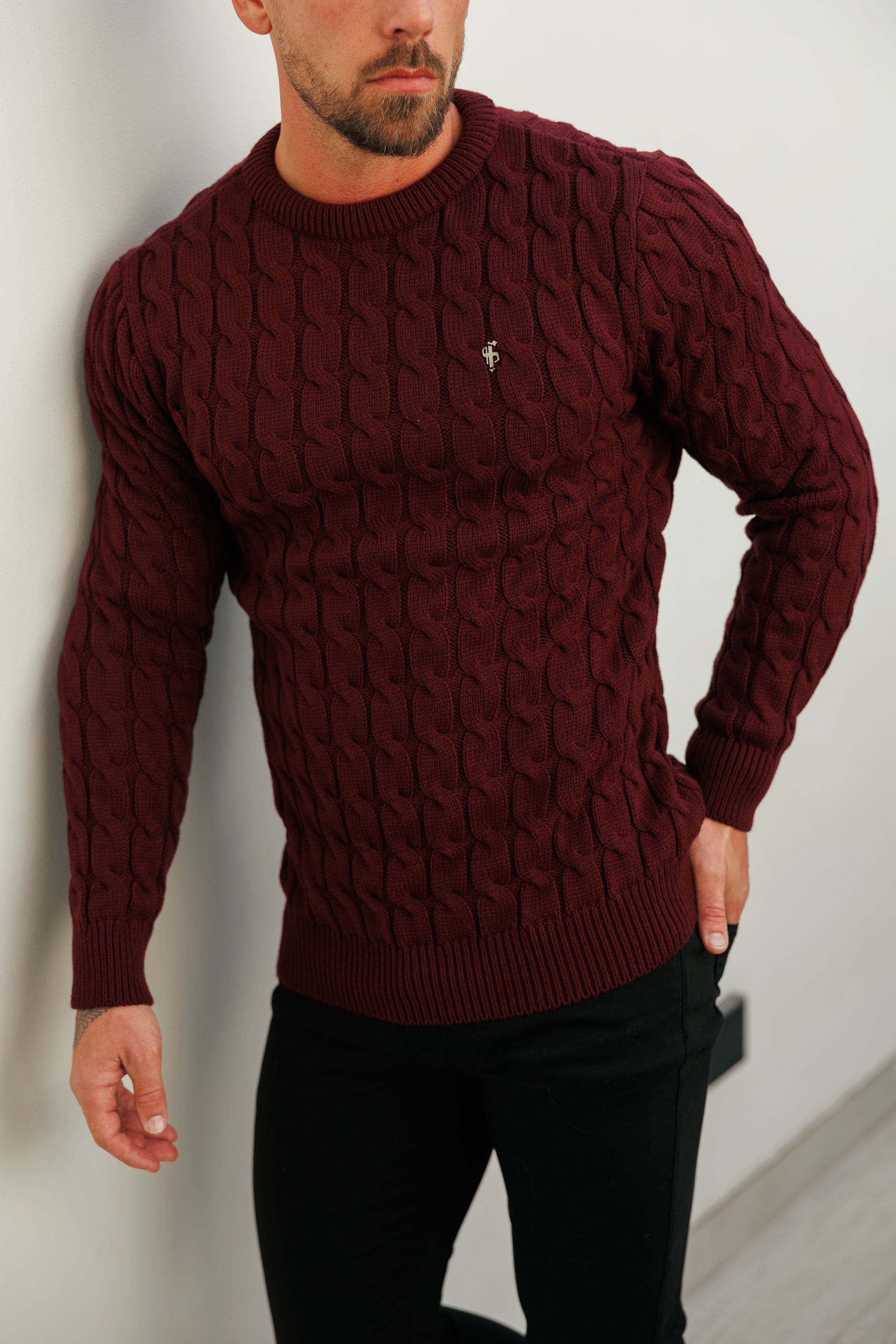 Link Weave Knit Wine Crew Neck Jumper - FSJ131