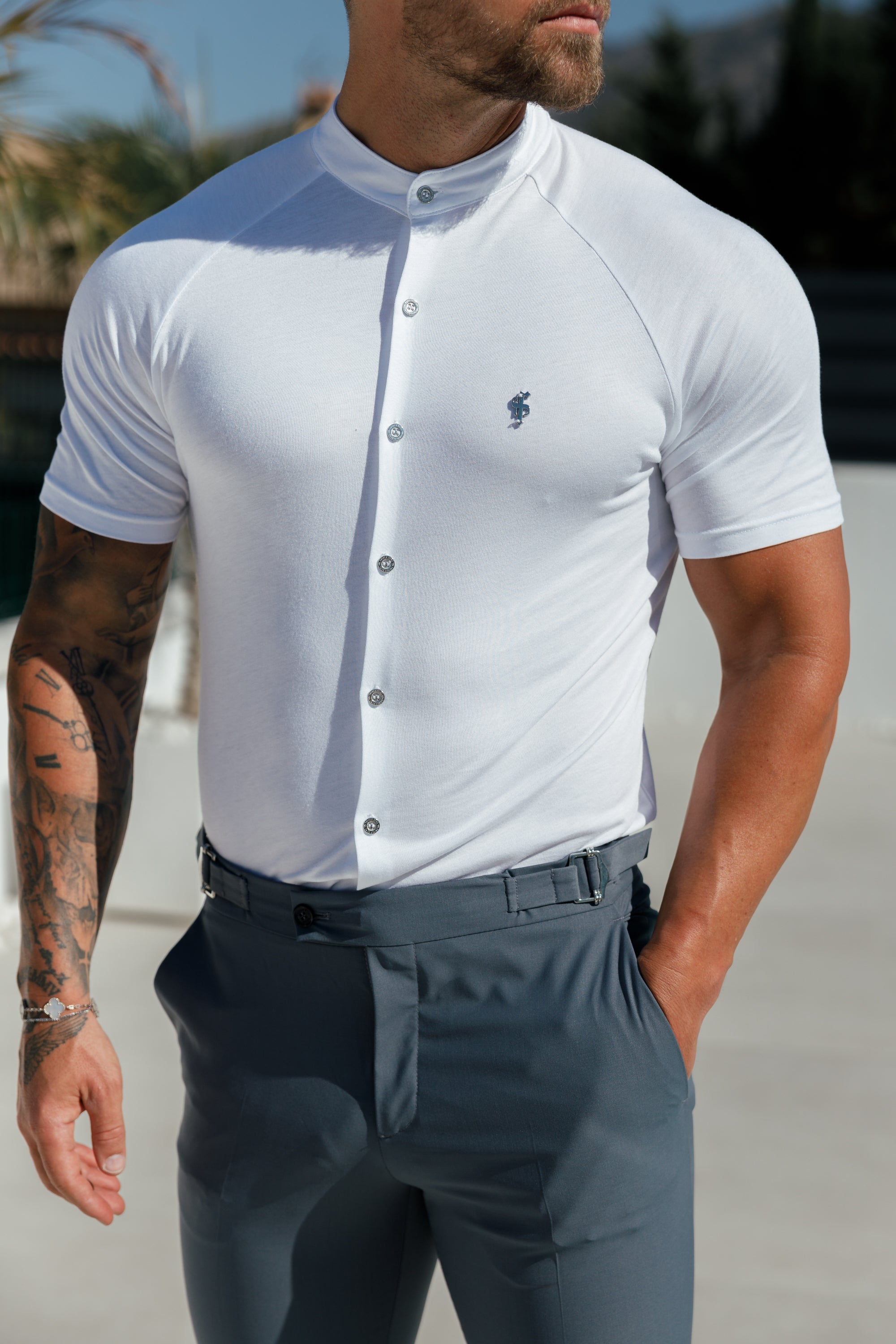 Slim Bamboo Raglan Grandad Collar White - FSH1134