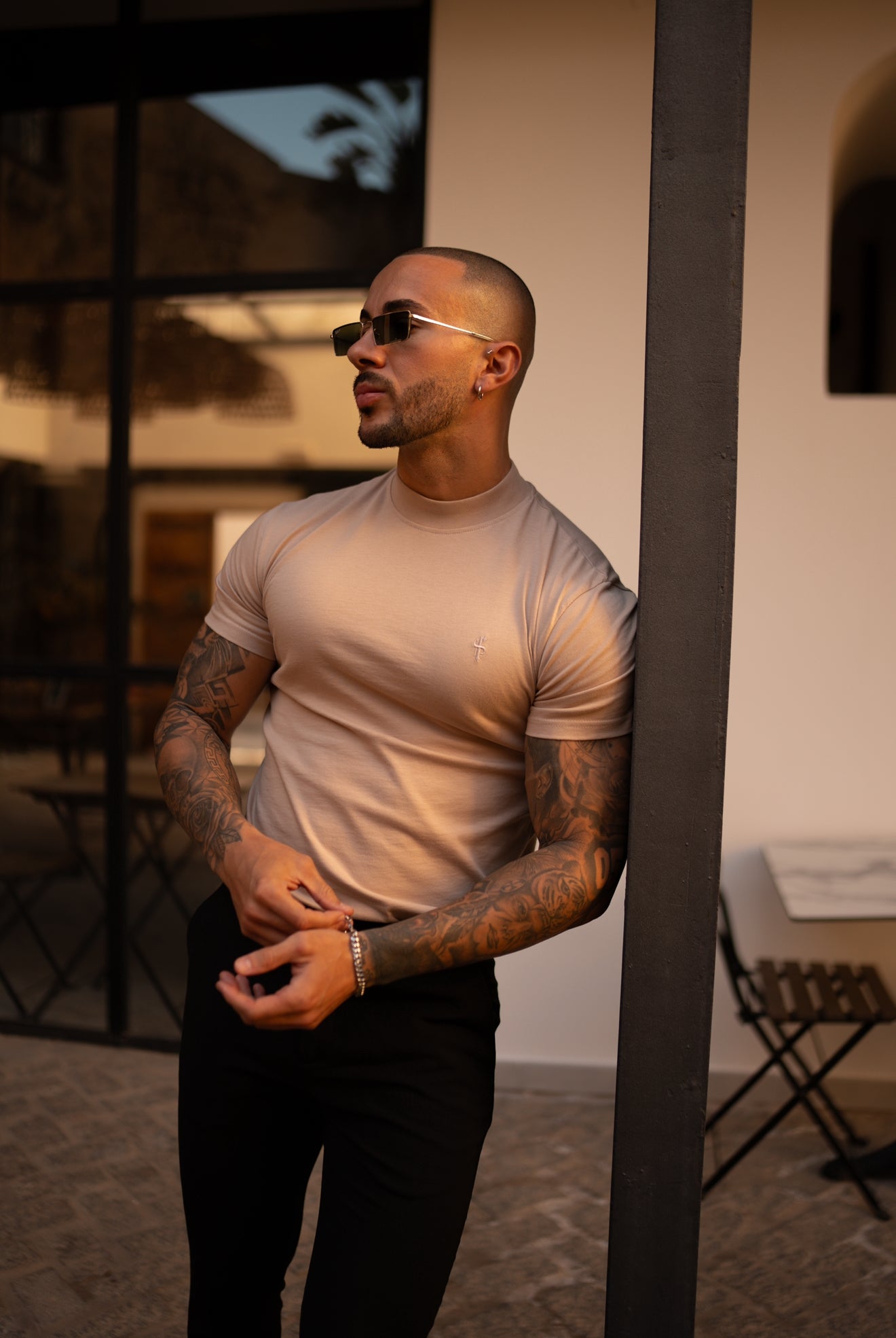 Ribbed High Neck Crew Short Sleeve Beige - FSH1141