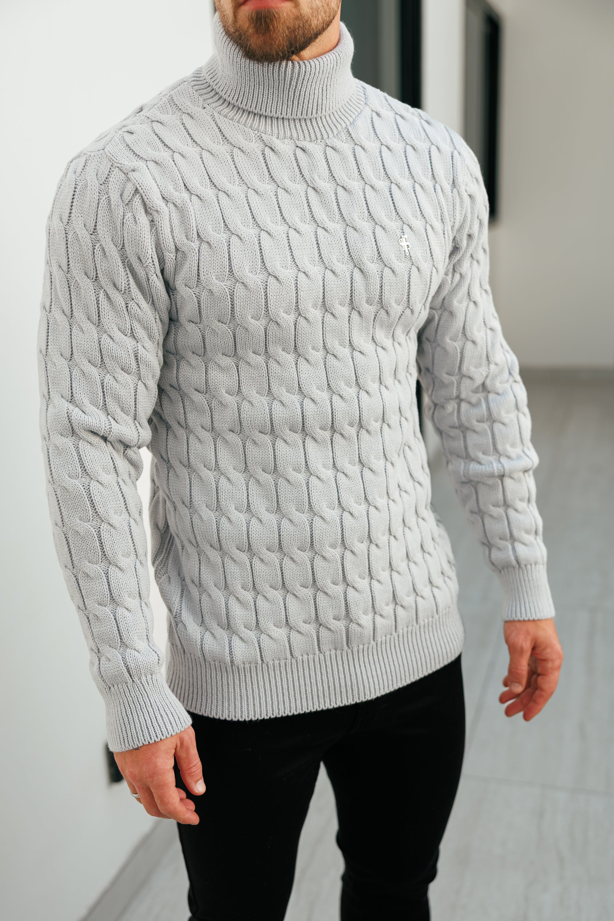 Link Weave Knit Cop Grey Roll Neck Jumper - FSJ104