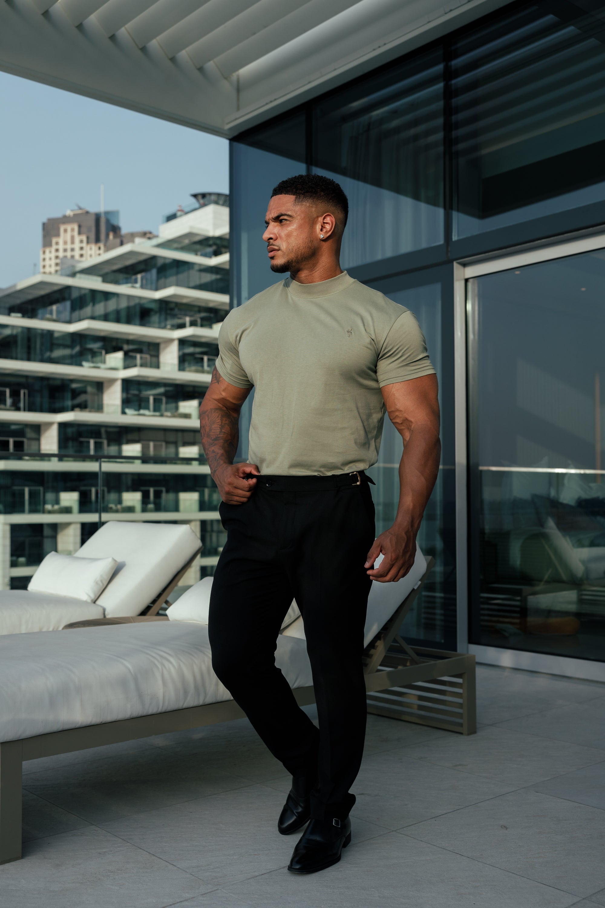 Ribbed High Neck Crew Short Sleeve Olive - FSH1010