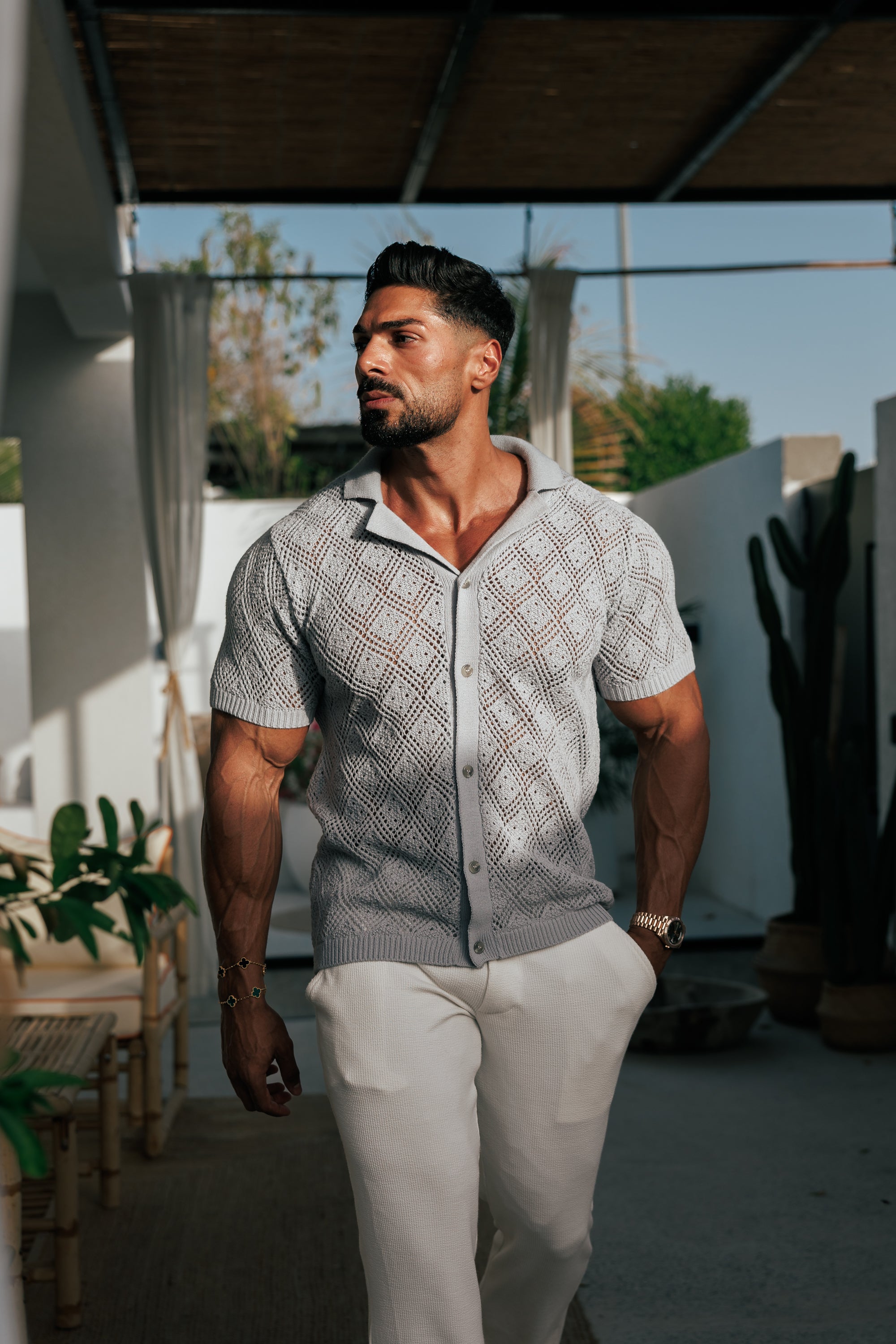 Crochet Shirt Cop Grey Short Sleeve - FSJ077