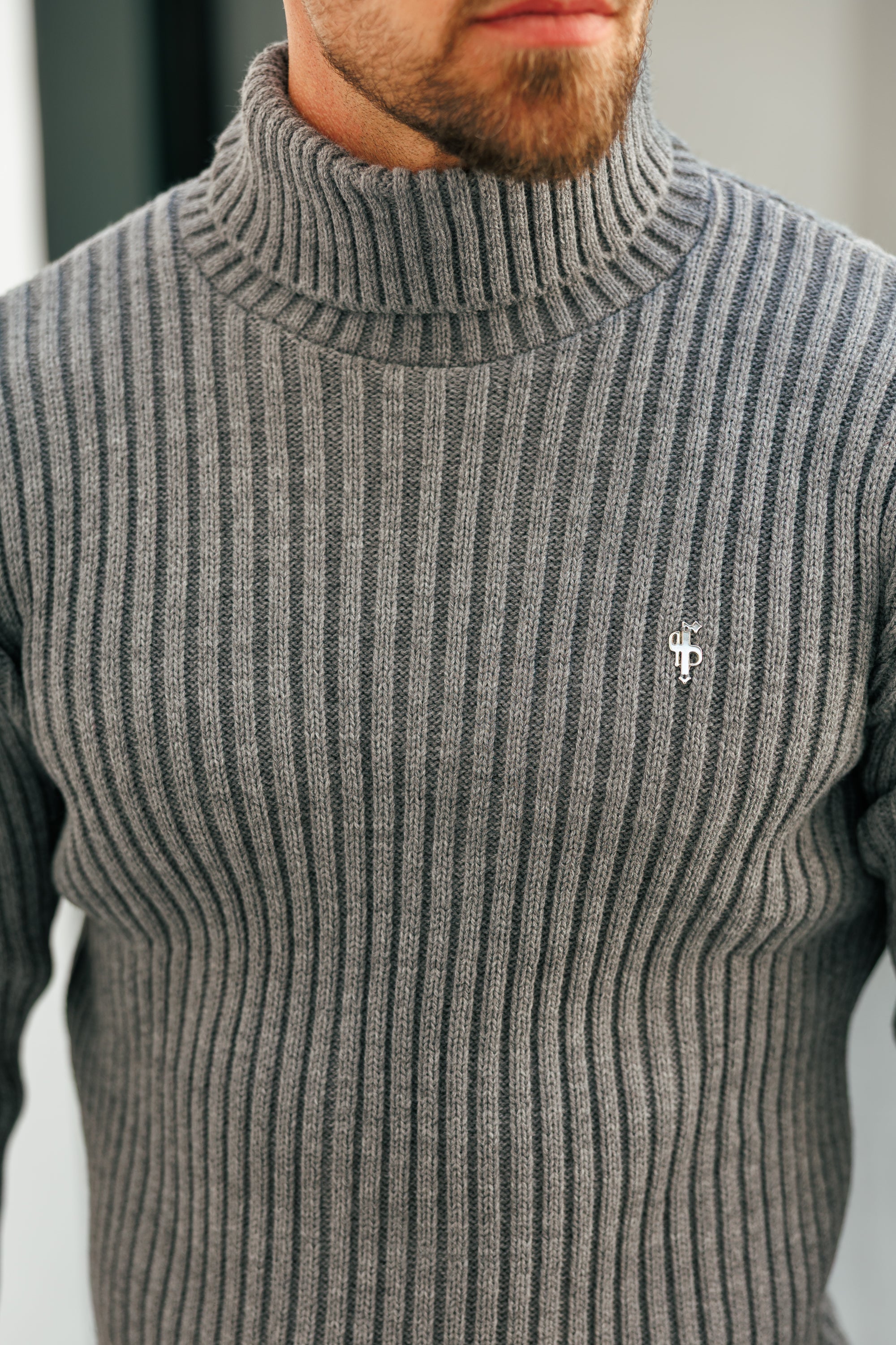 Ribbed Knit Charcoal Roll Neck Jumper - FSJ117