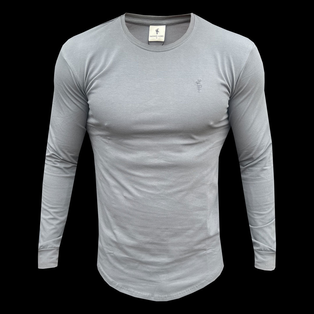Classic Charcoal Tonal Curved Hem Long Sleeve Crew T Shirt - FSH1002