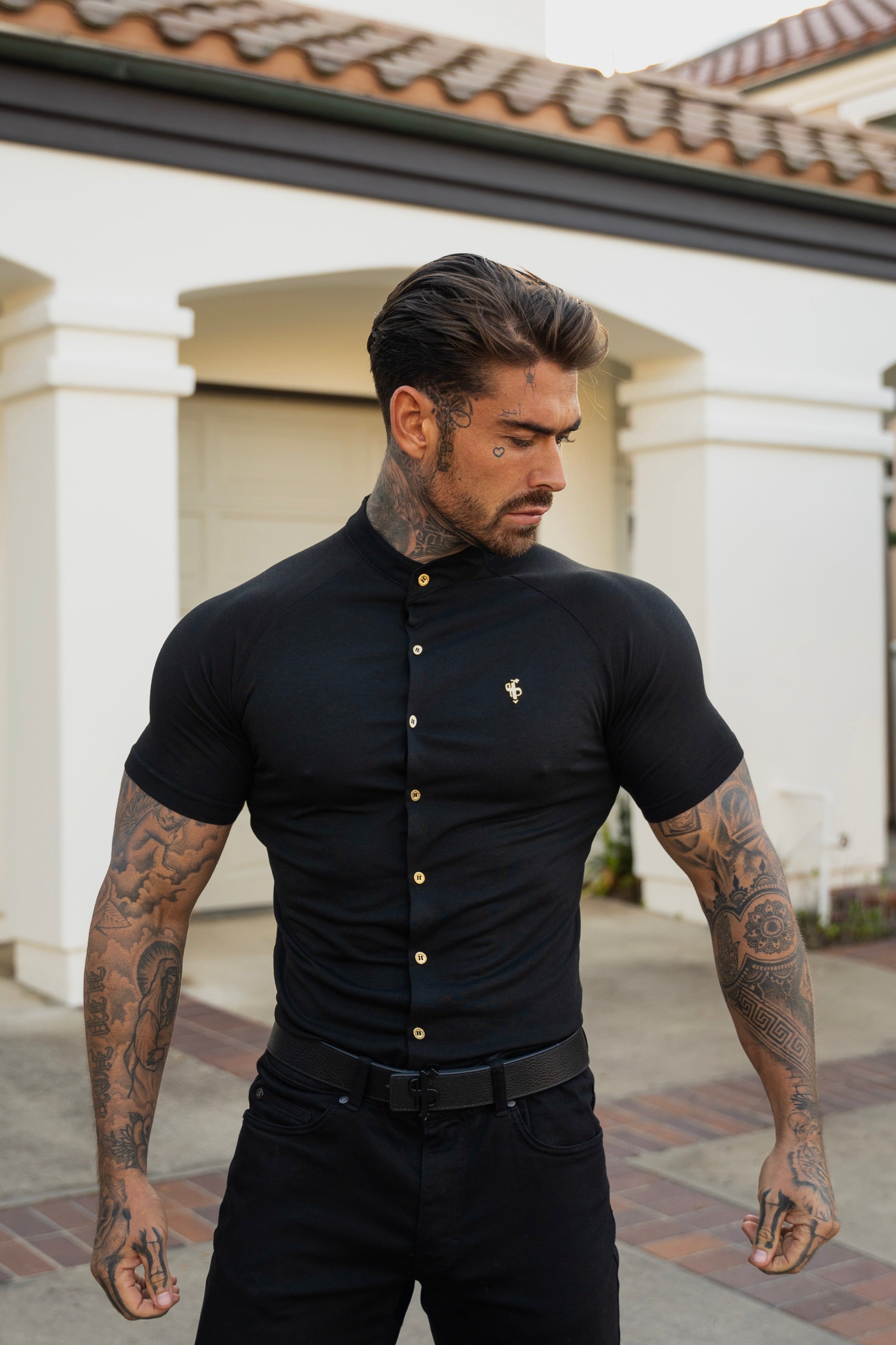 Slim Bamboo Raglan Grandad Collar Black - FSH1133