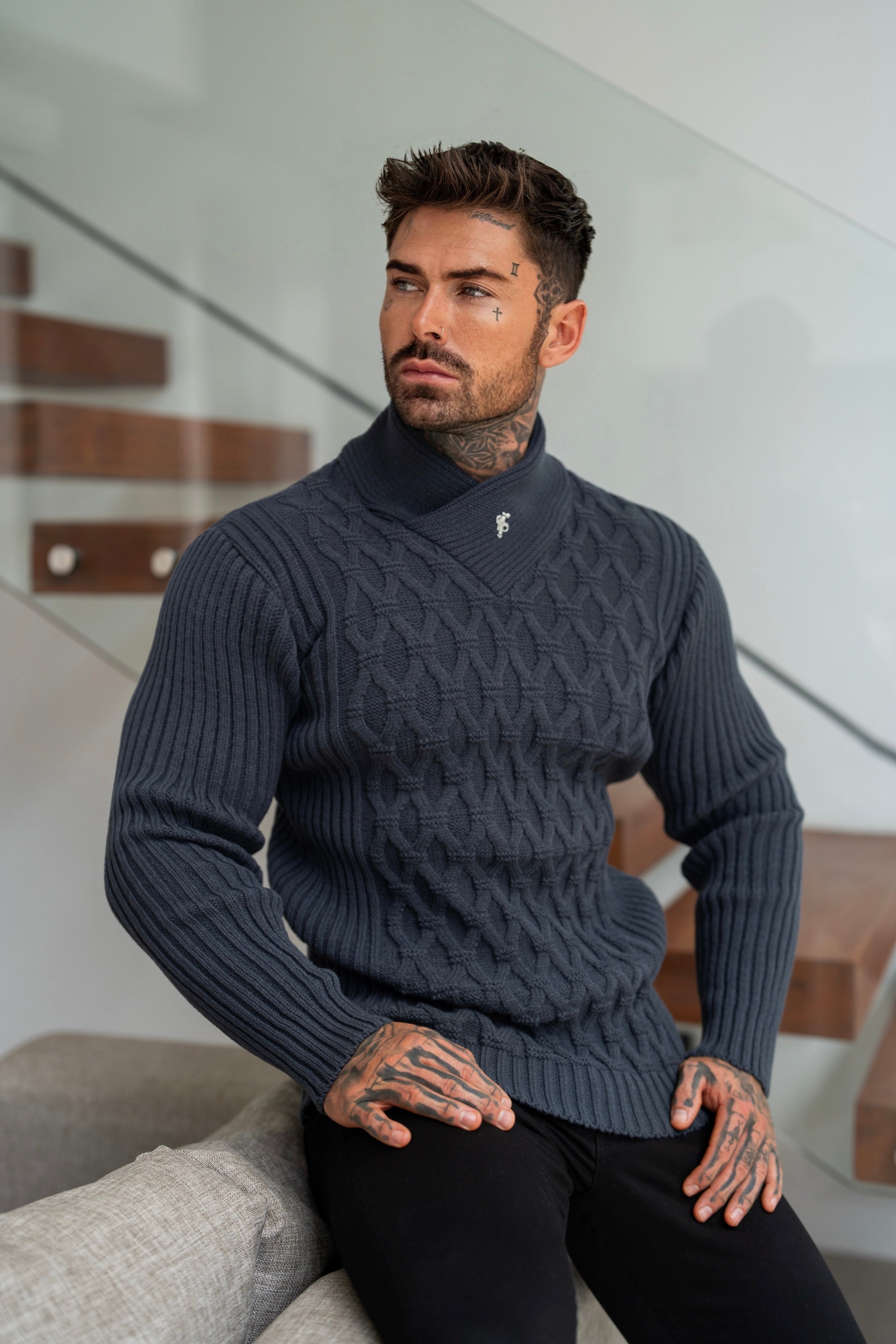 Father Sons Chunky Cable Knit Gun Powder / Charcoal Sweater - FSJ065