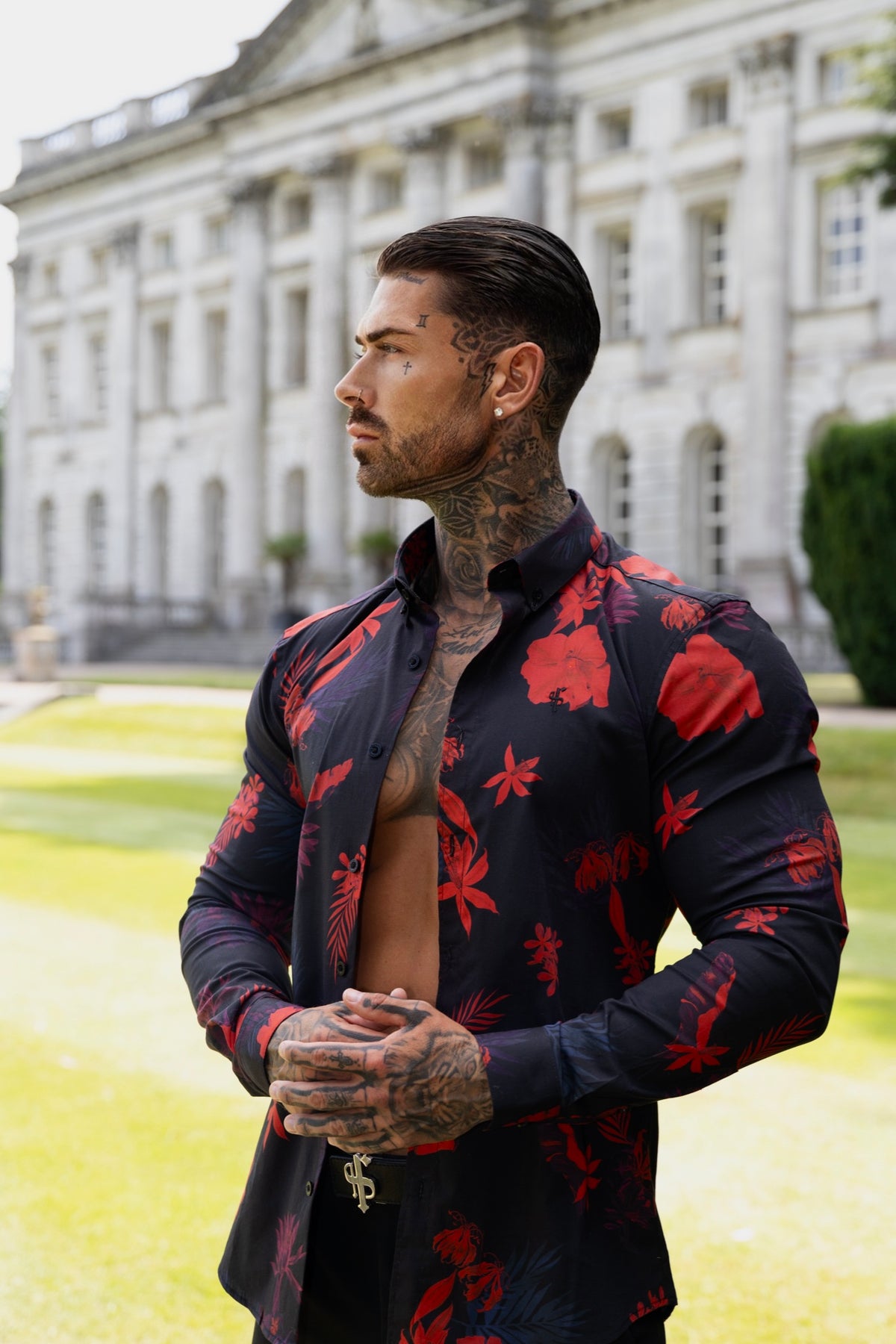 Super Slim Stretch Black and Red Floral Print Long Sleeve with Button Down Collar - FS1274 (PRE ORDER 28TH OCTOBER)