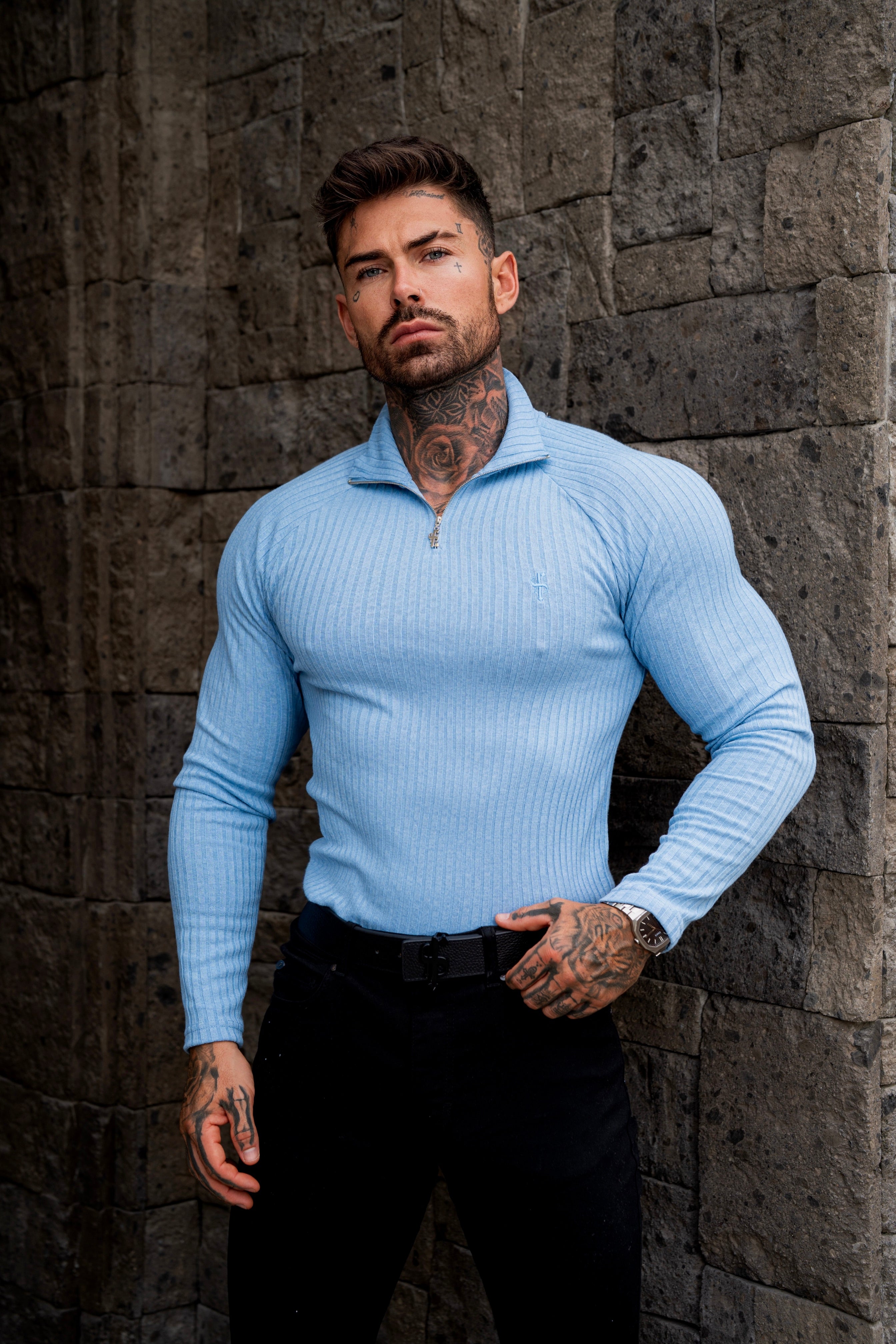 Classic Light Blue Ribbed Zip Funnel Neck Raglan Long Sleeve Crew - FSH1298