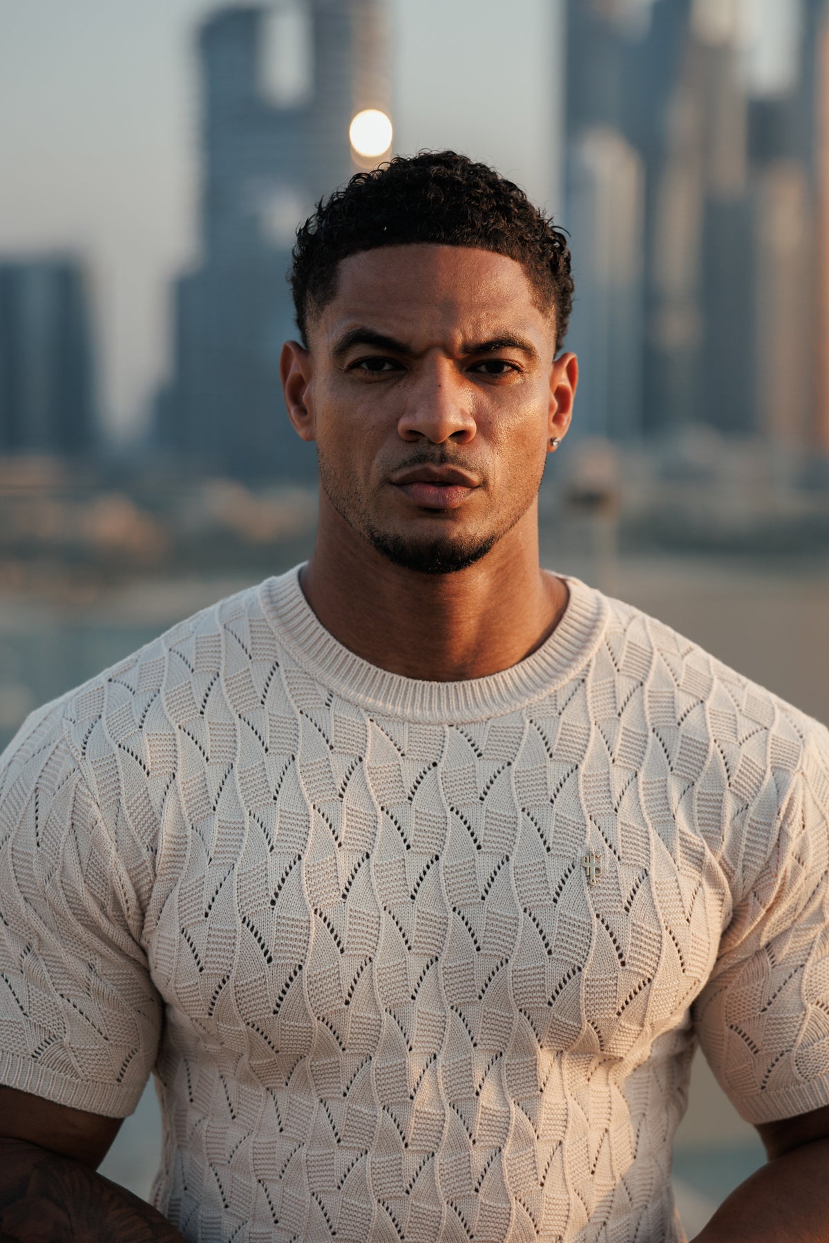 Beige Wave Weave Knit Short Sleeve Sleeve T-Shirt - FSJ171