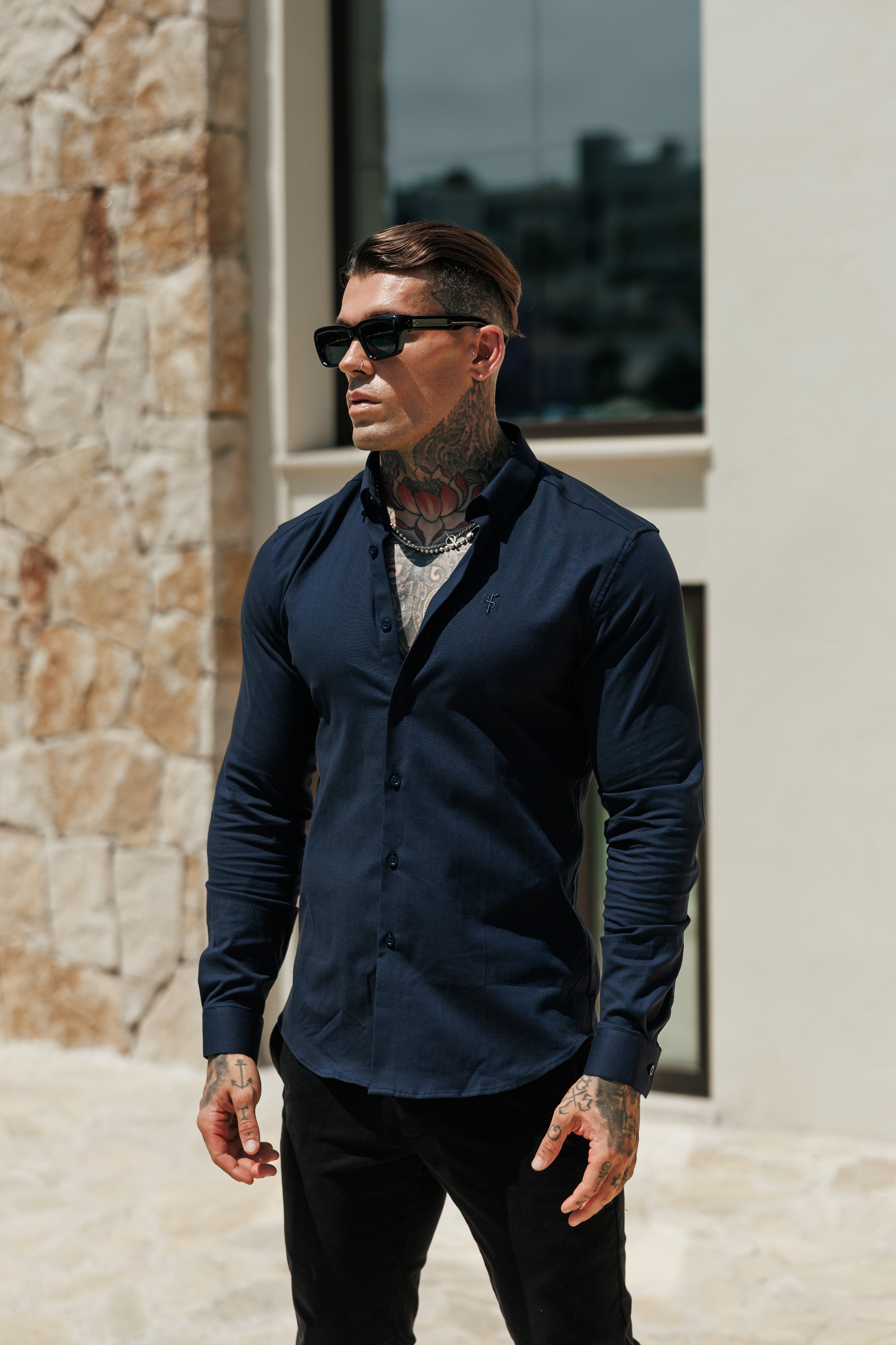 Classic Stretch Oxford Long Sleeve Navy with Button Down Collar - FS1230