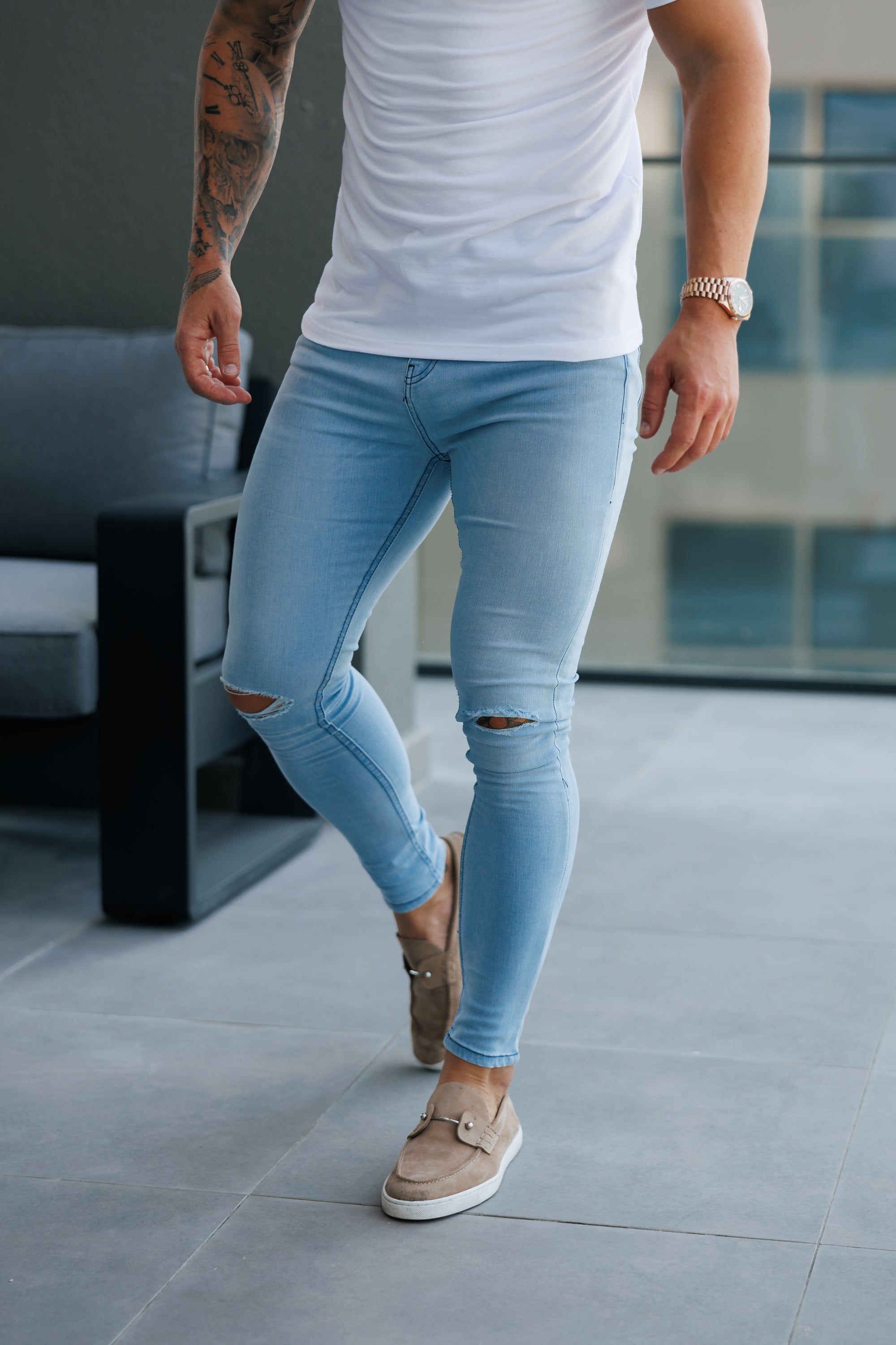 Ultra Stretch Mid Blue Slim Jeans Bleached with Knee Rips - FSJEAN012
