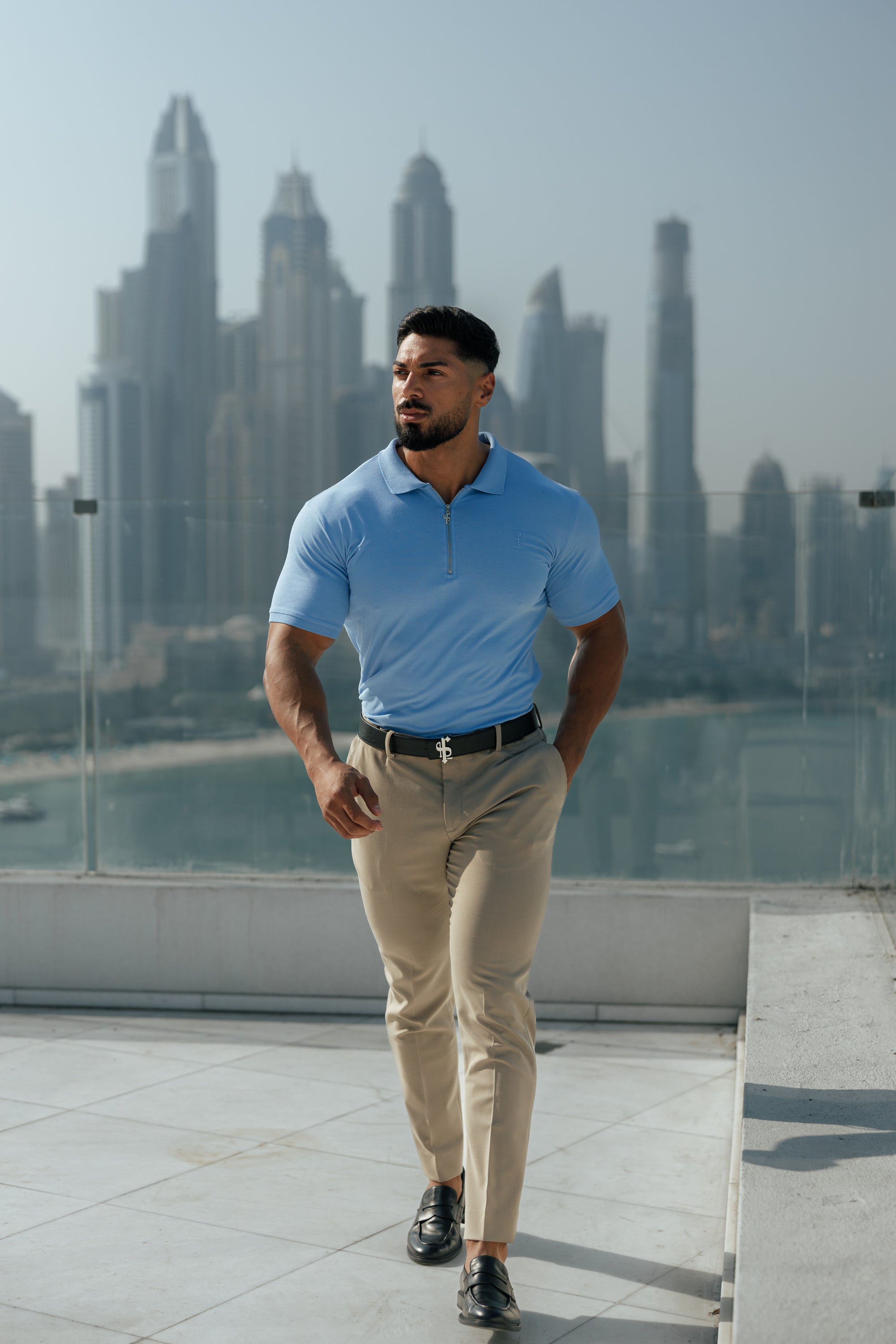 Classic Light Blue and Silver Zipped Polo Shirt - FSH856
