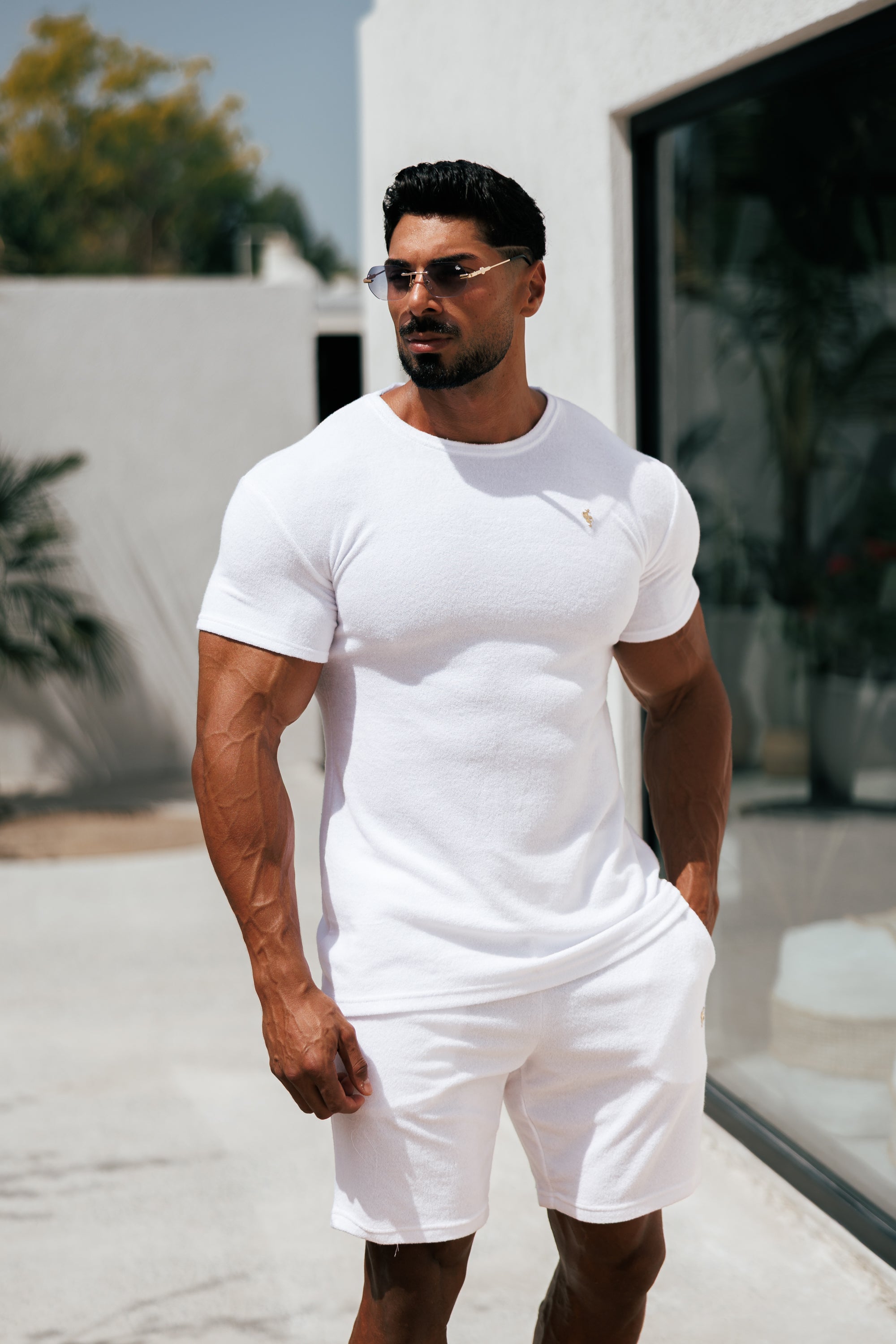 White / Gold Towelling Crew T Shirt - FSH1345 (PRE ORDER 16TH JUNE)
