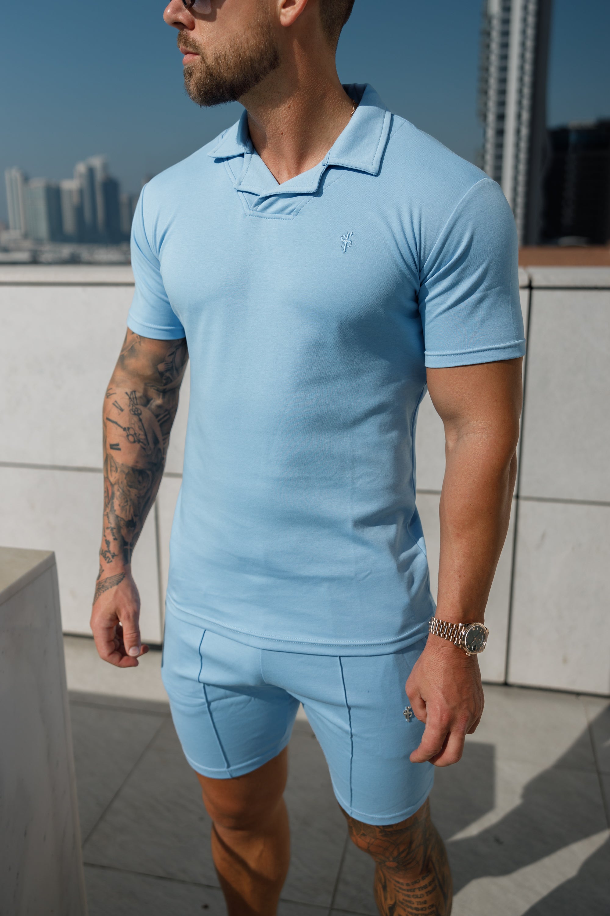 Classic Baby Blue Polo Shirt With Revere Collar - FSH1064