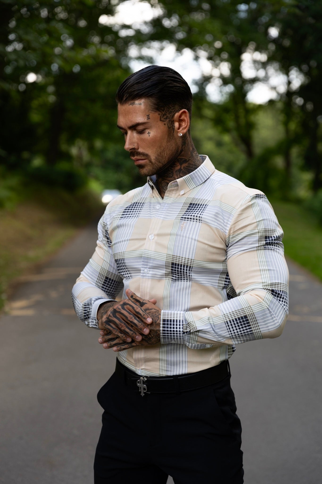 Super Slim Stretch Peach / Grey Check Print Long Sleeve with Button Down Collar - FS901