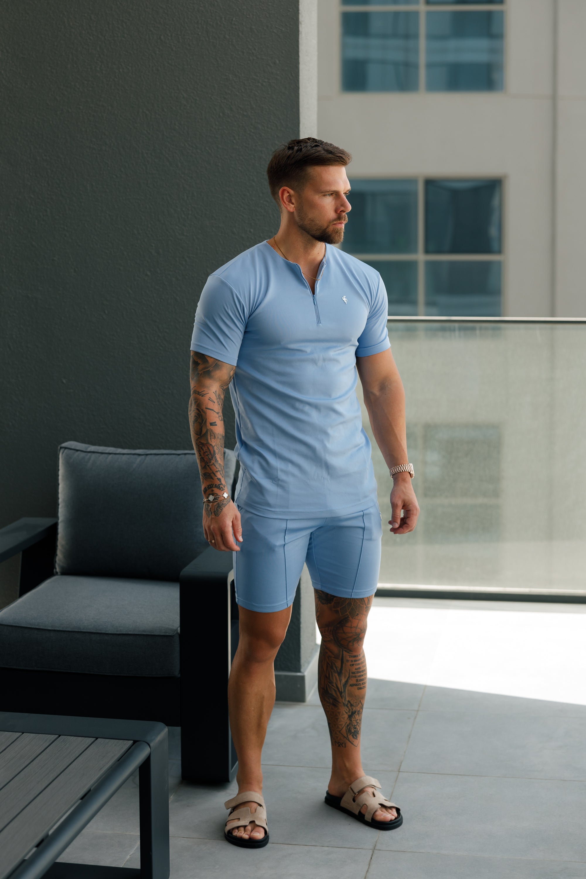 Scuba Light Blue / Silver Crew T Shirt With Zip Detail Short Sleeve - FSH1117