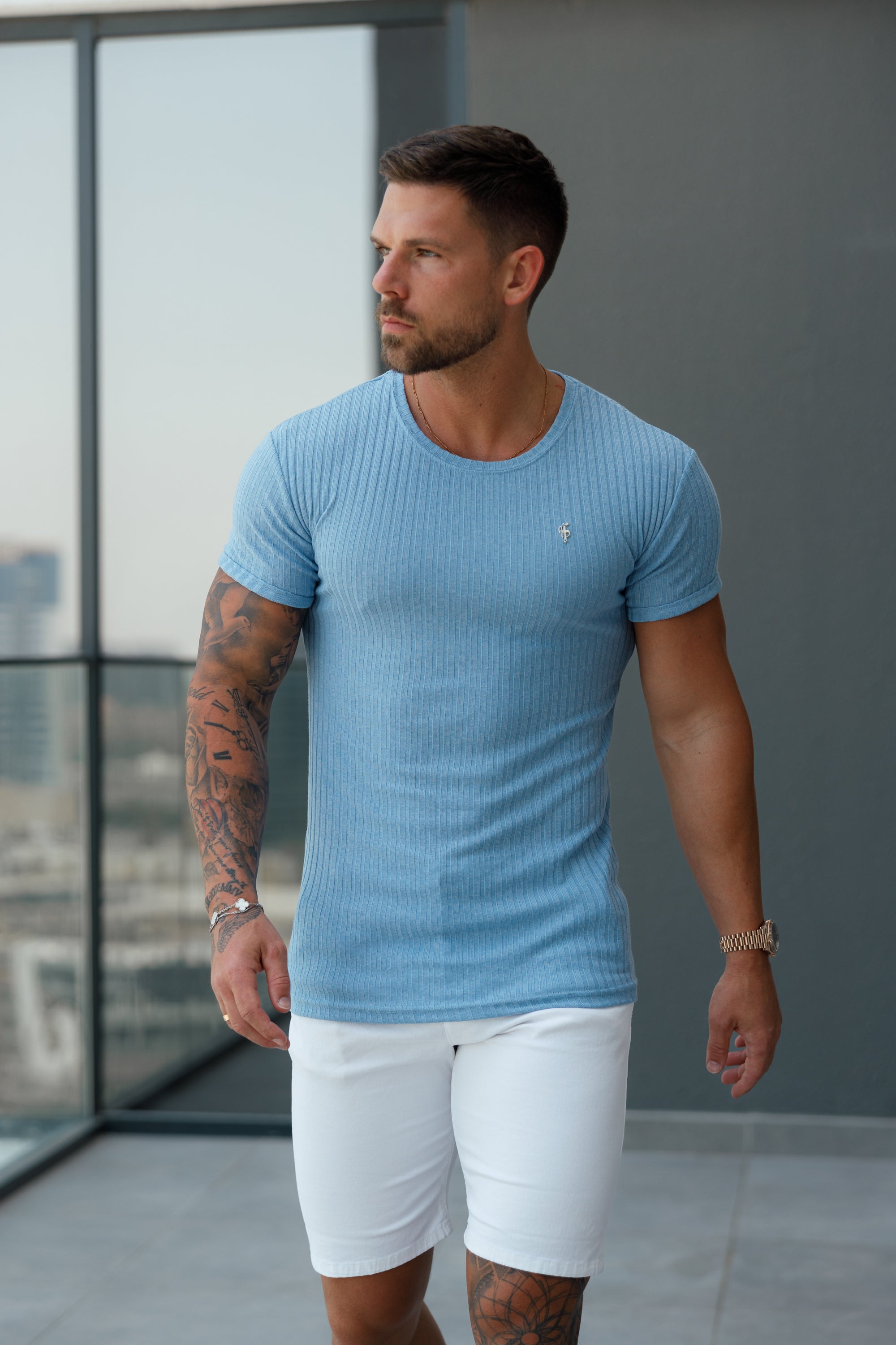 Classic Light Blue / Silver Ribbed Knit Super Slim Short Sleeve Crew T-Shirt - FSH1087