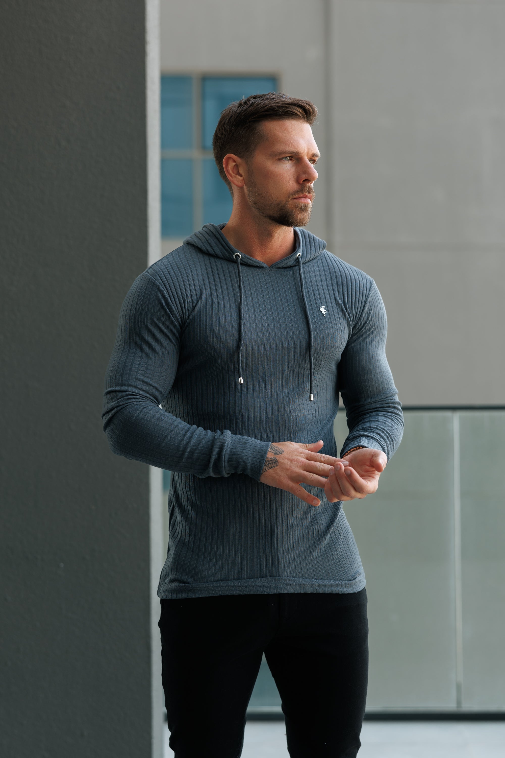 Classic Charcoal Ribbed Knit Hoodie Jumper With Silver Emblem - FSH1309