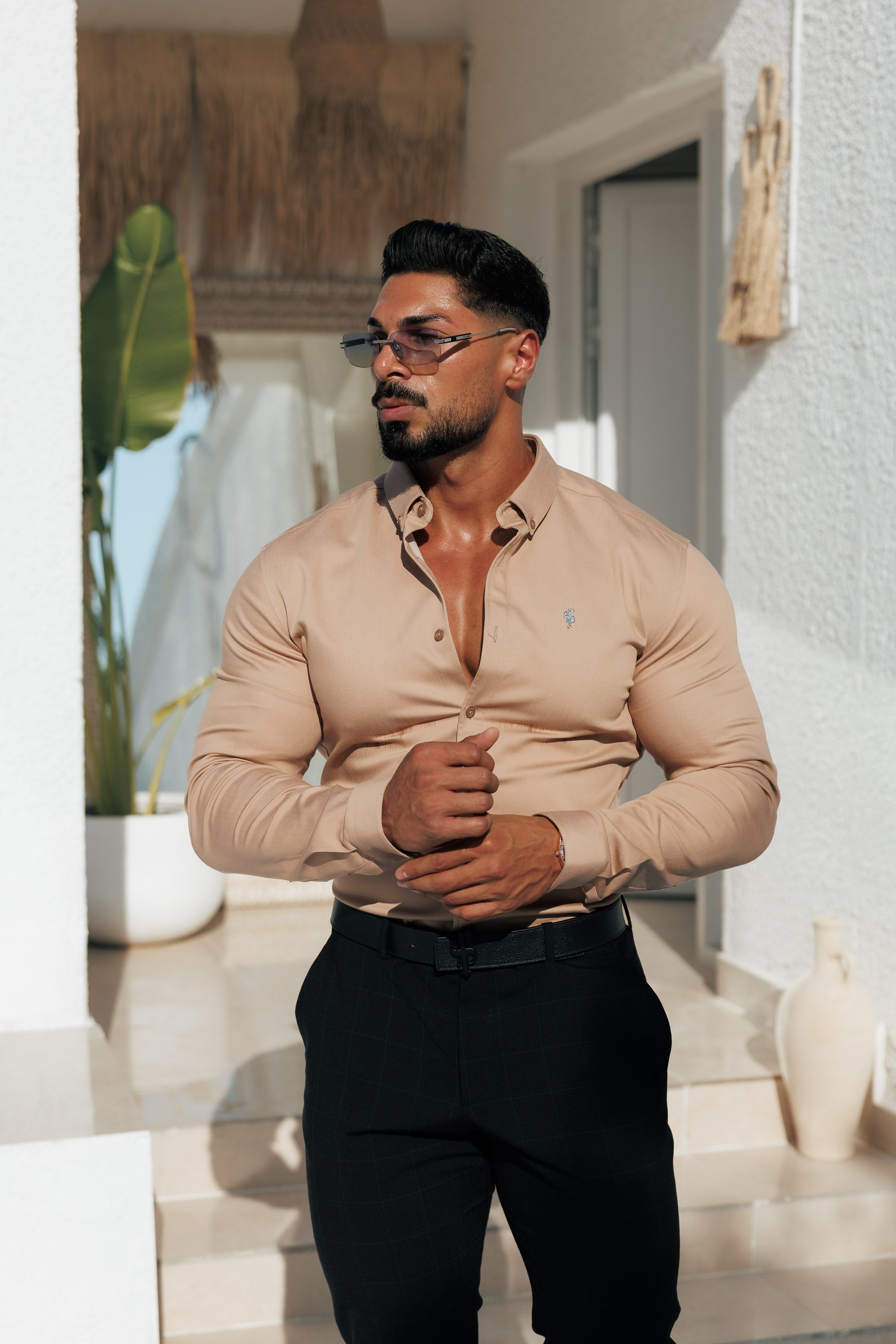 Super Slim Stretch Taupe Denim Long Sleeve with Button Down Collar Gold Metal Decal - FS1130