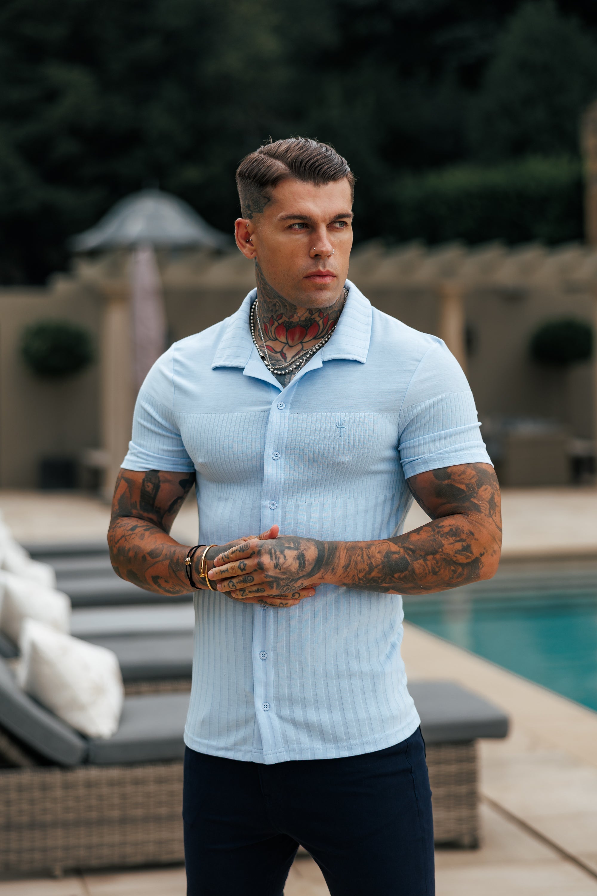 Jersey Revere Vertical Stripe Light Blue Shirt Short Sleeve - FSR027