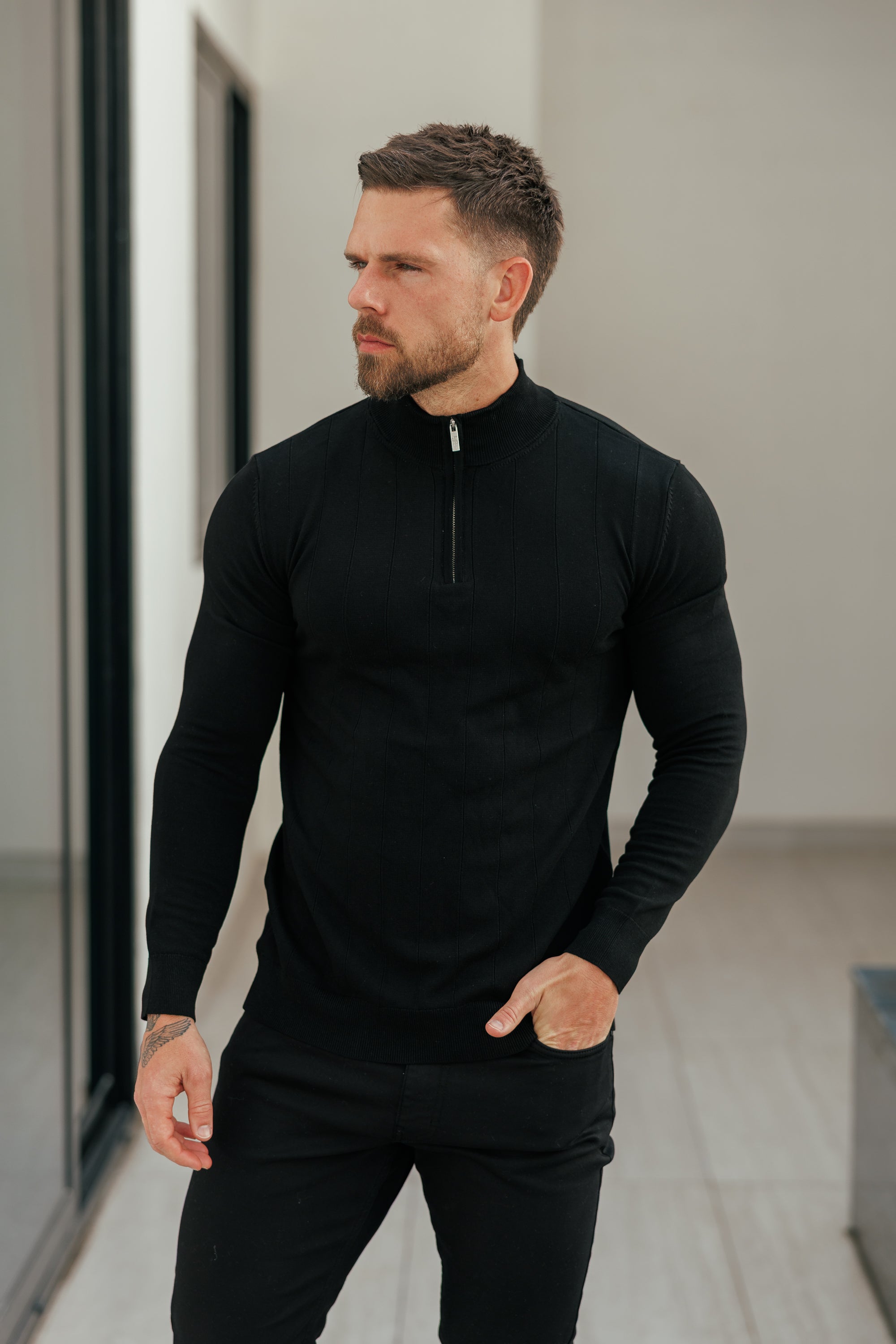 Self Stripe 1/4 Zip Funnel Neck Knit Jumper Black Long Sleeve - FSR050