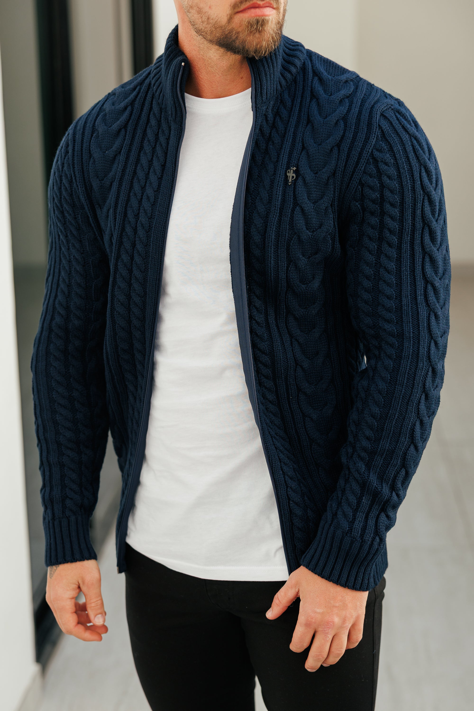 Funnel Neck Full Zip Cardigan Dark Navy - FSJ146