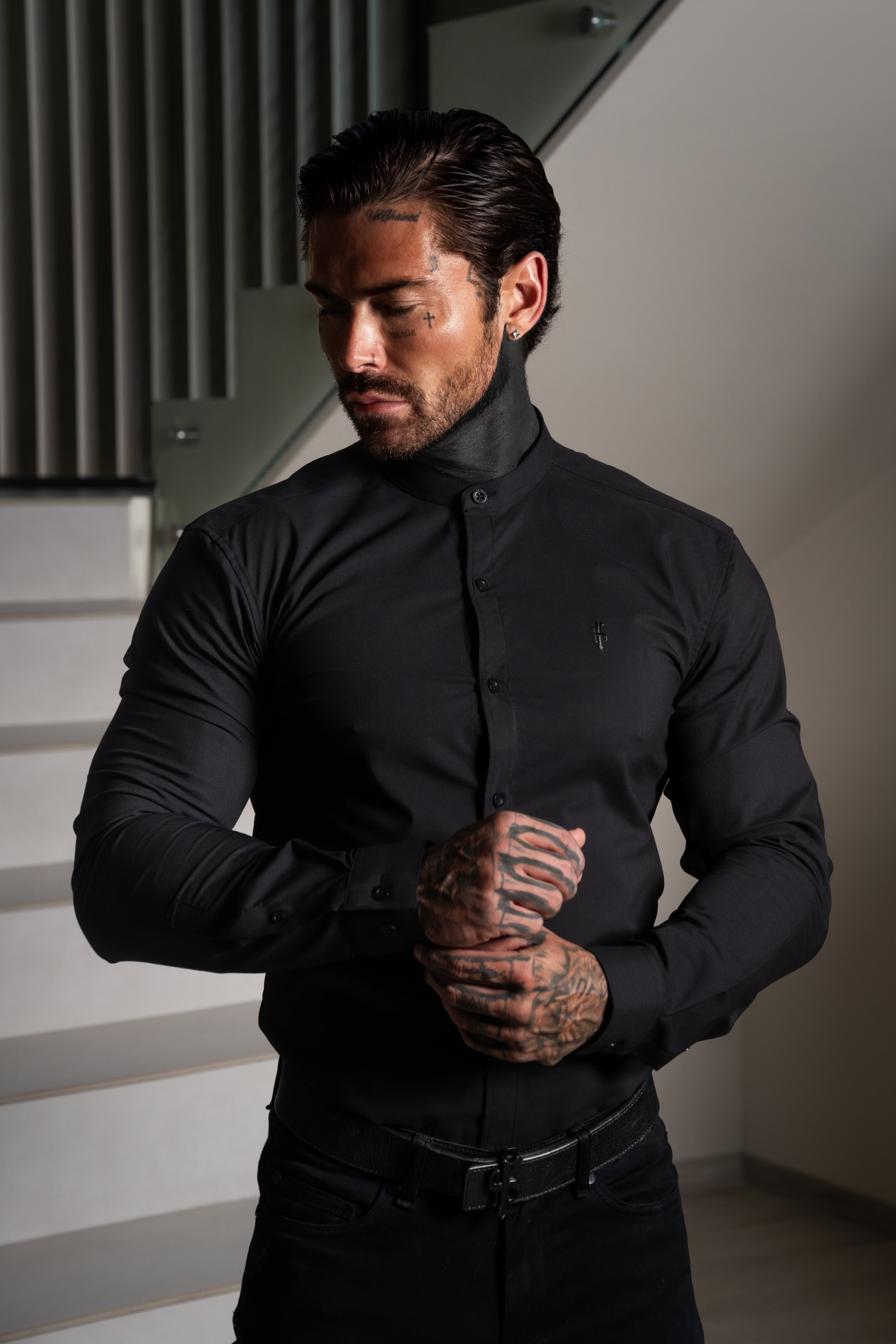 Apollo Classic Fit Stretch Black Grandad Collar Shirt - FS1249