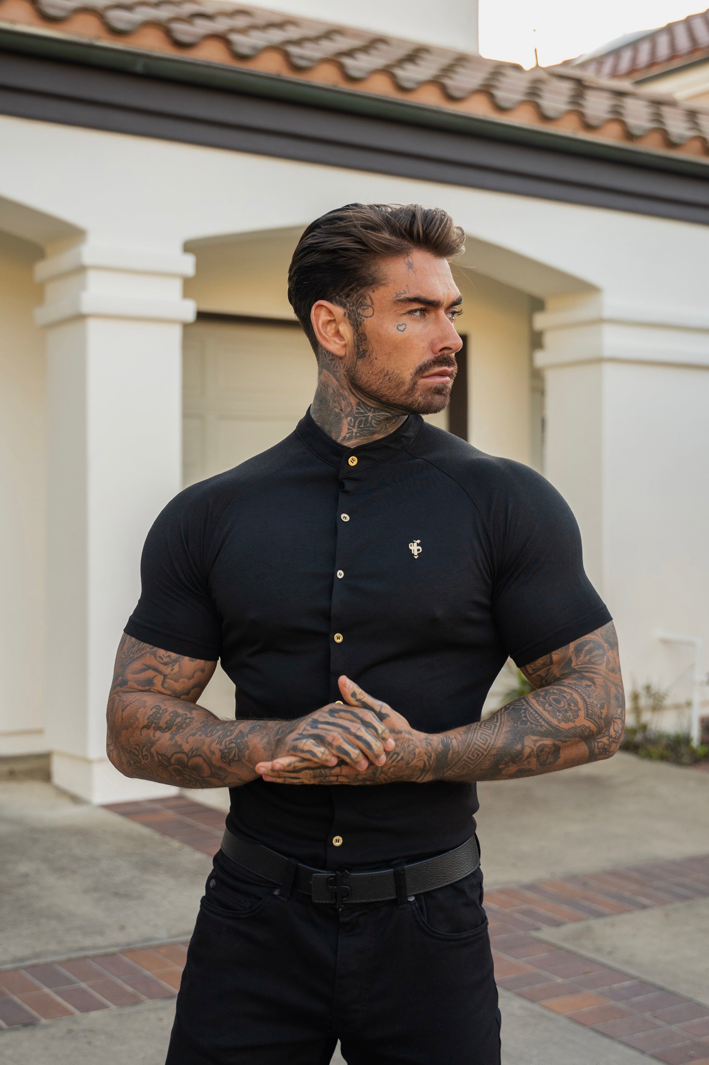 Slim Bamboo Raglan Grandad Collar Black - FSH1133