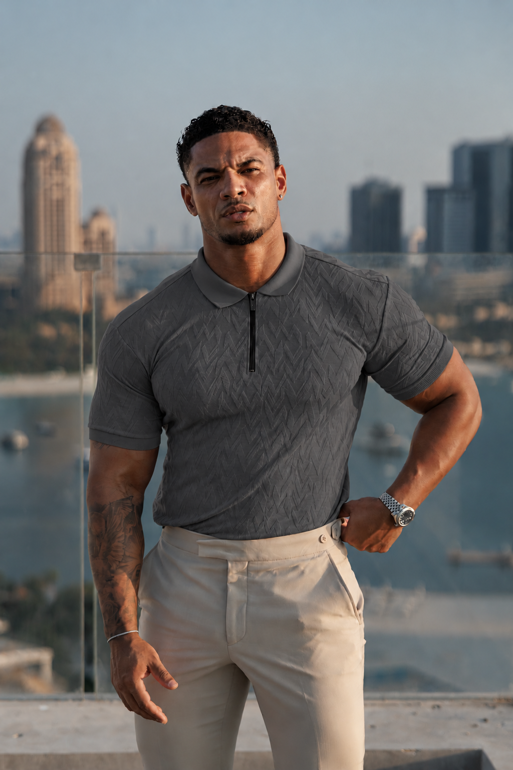 Classic Jacquard Charcoal Chevron Zipped Polo - FSR059