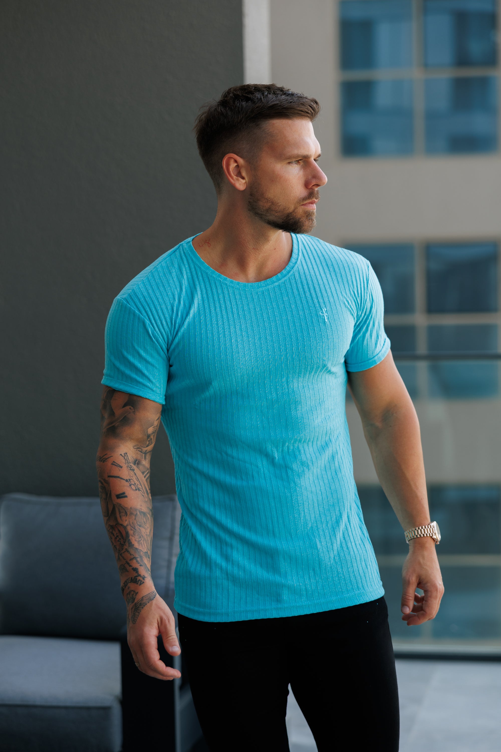Classic New Mint Ribbed Knit Super Slim Short Sleeve Crew - FSH1162