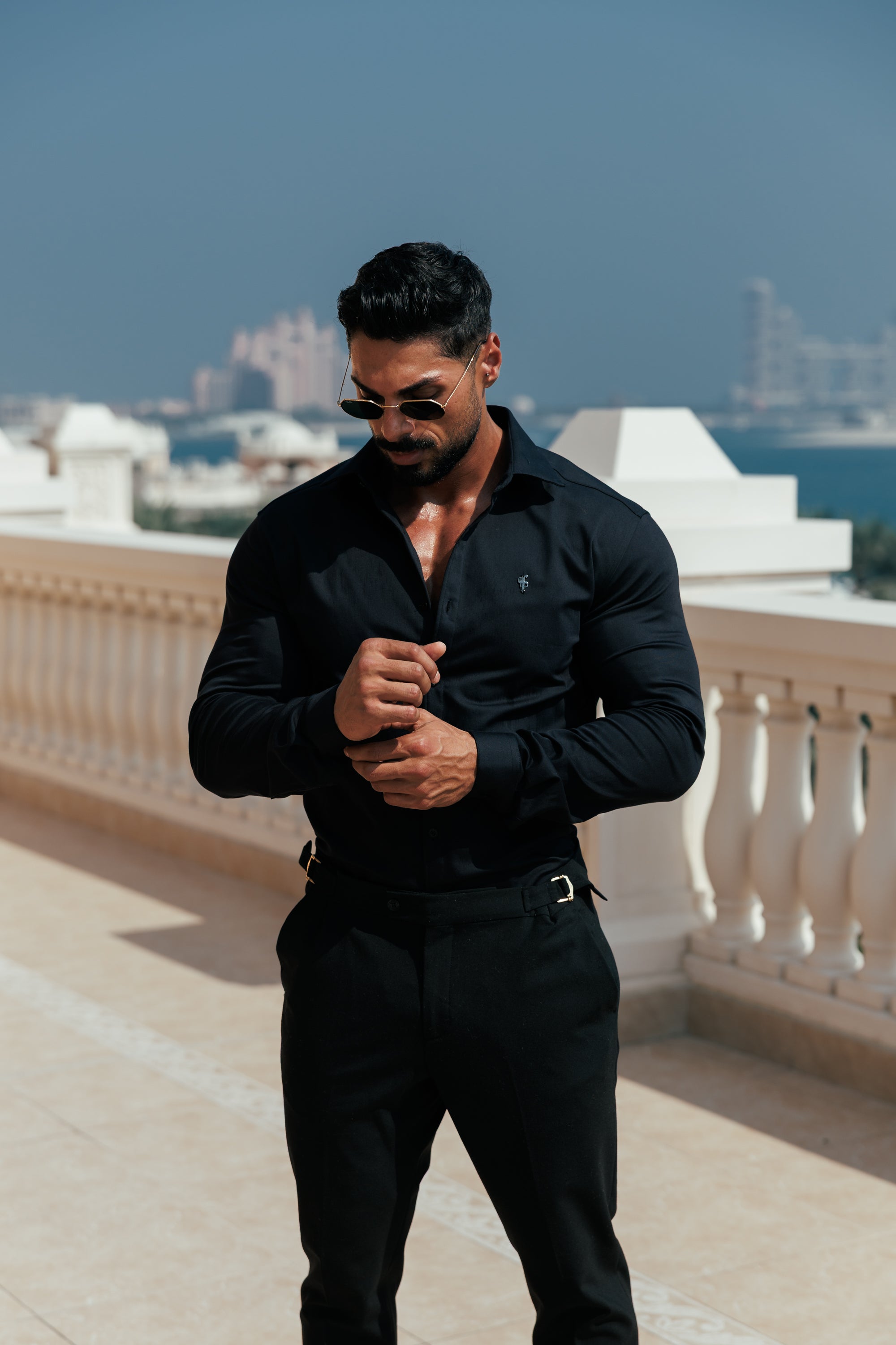 Super Slim Stretch Black Denim Long Sleeve with Gunmetal Metal Decal and Cutaway Collar - FS1169