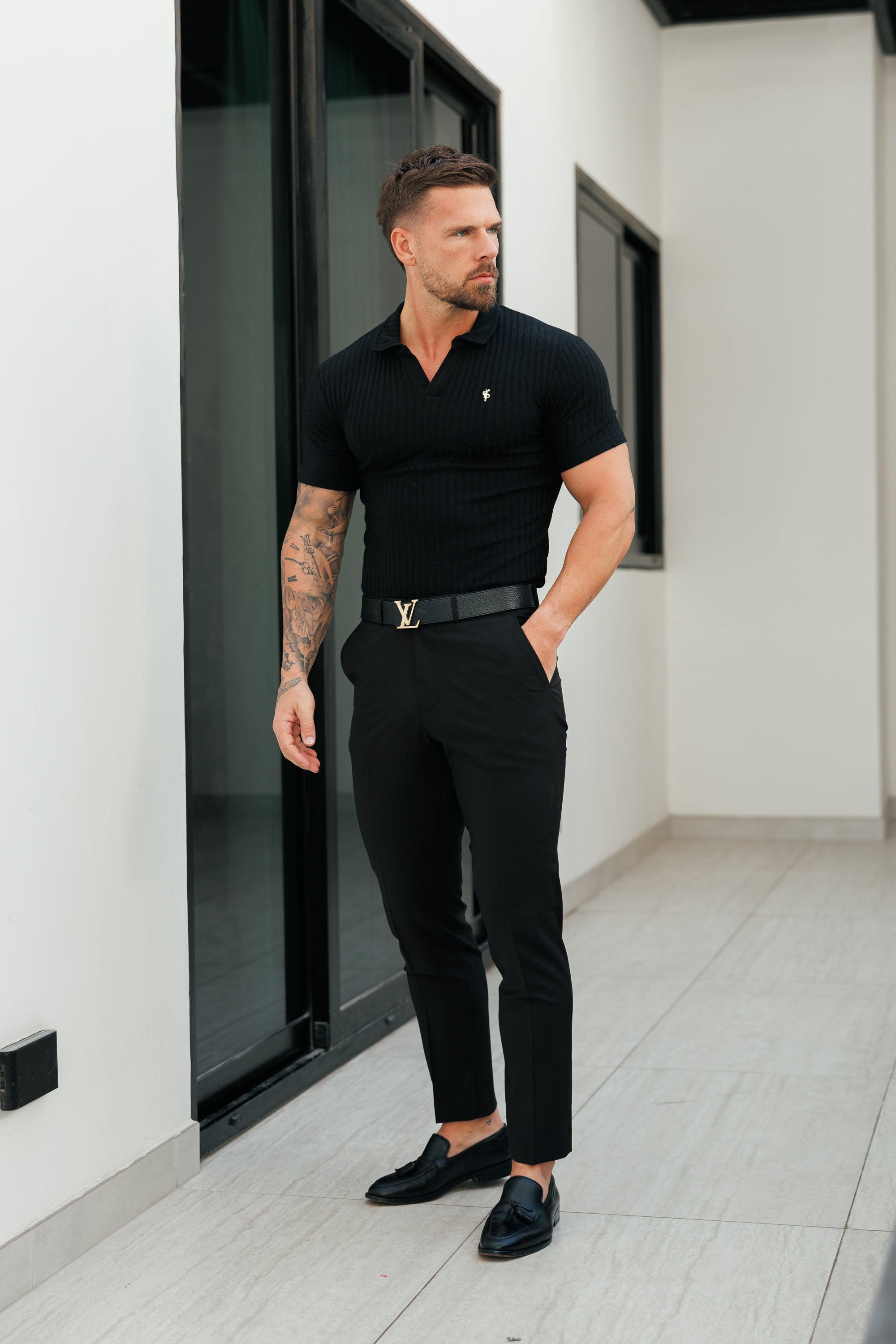 Black / Gold Ribbed Revere Short Sleeve Polo Shirt - FSH1411 (PRE ORDER 16TH JUNE)