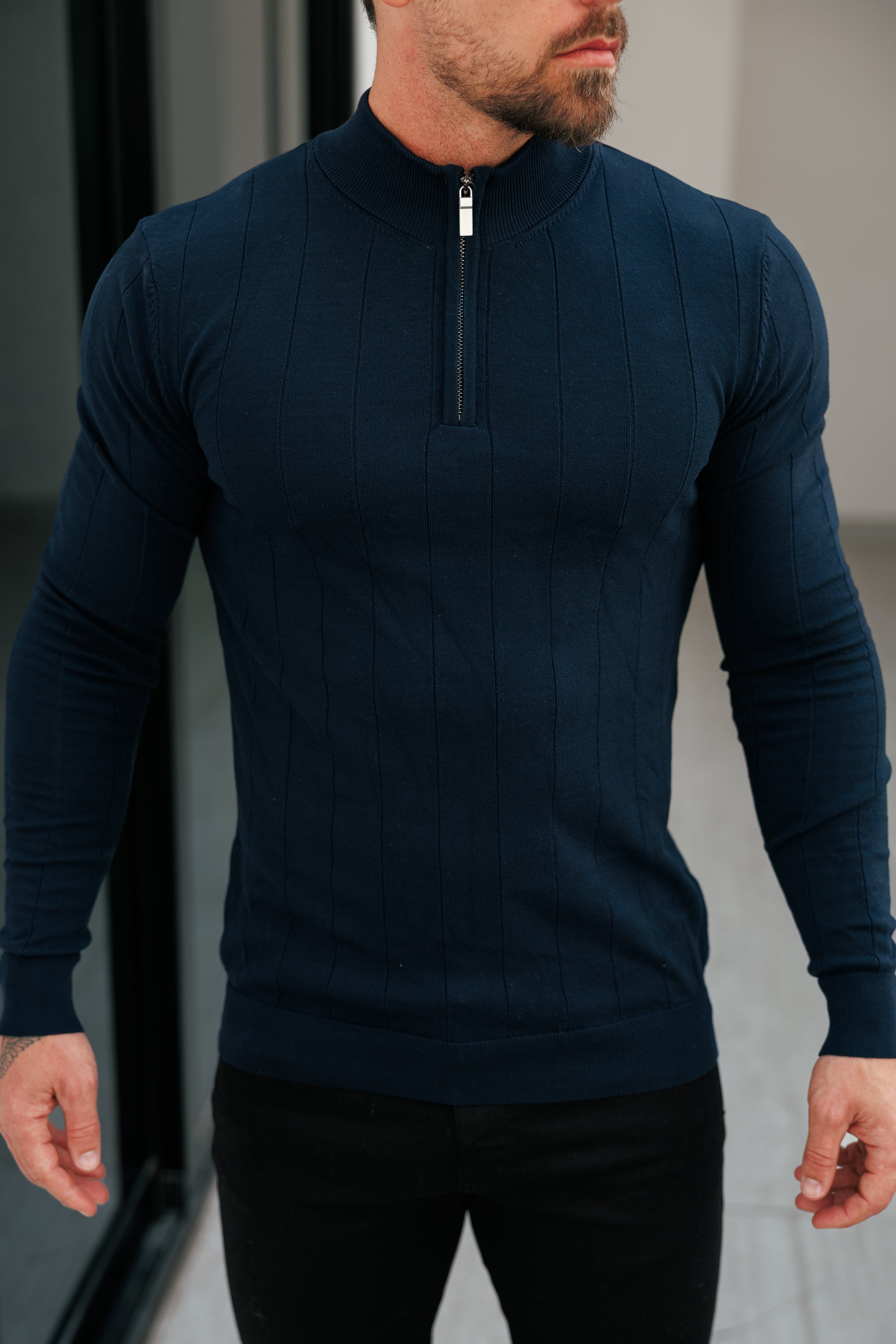 Self Stripe 1/4 Zip Funnel Neck Knit Jumper Navy Long Sleeve - FSR049