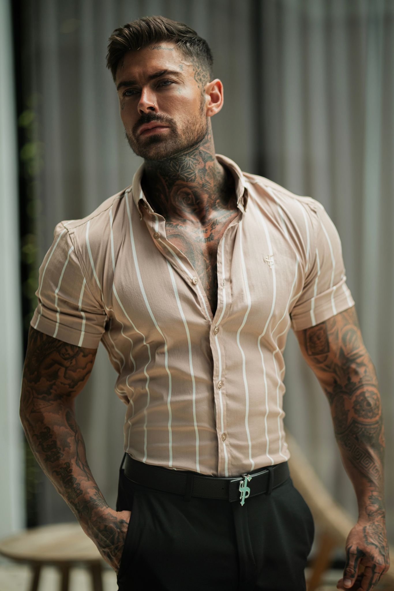 Super Slim Stretch Taupe Printed Wide Stripe Short Sleeve with Button Down Collar - FS1066