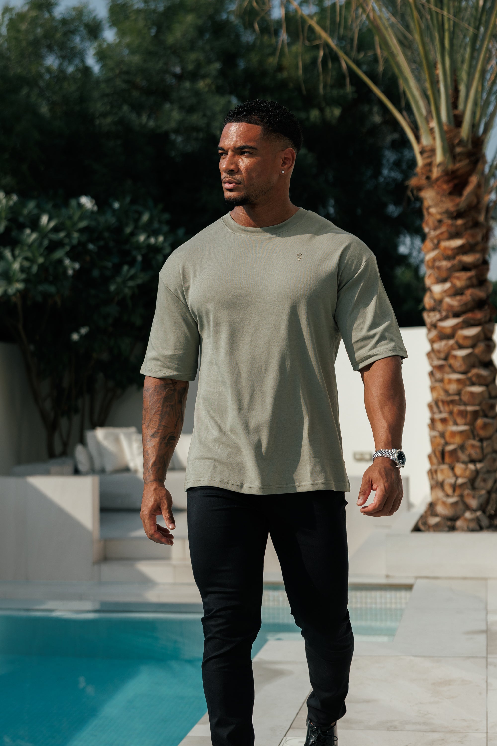 Olive / Gold Oversized Crew T Shirt - FSH1419