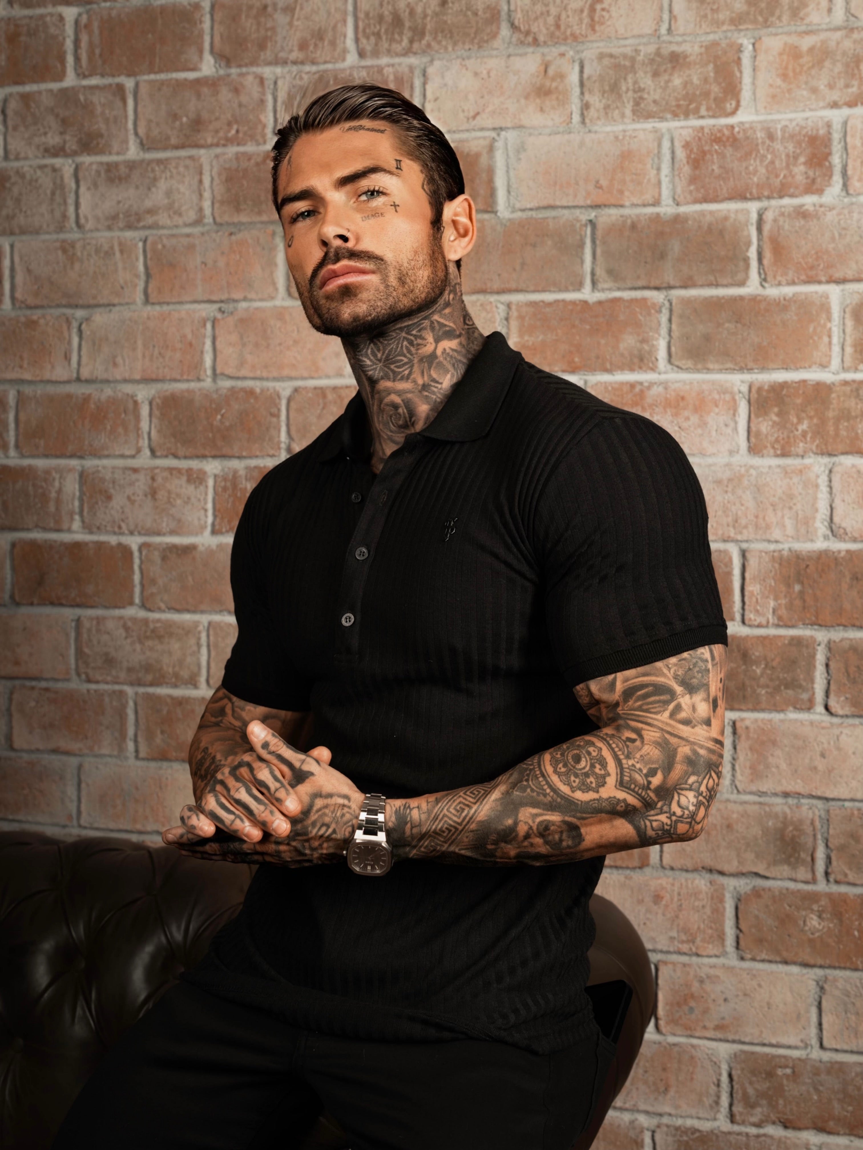 Classic Black Ribbed Polo Shirt Short Sleeve - FSH551