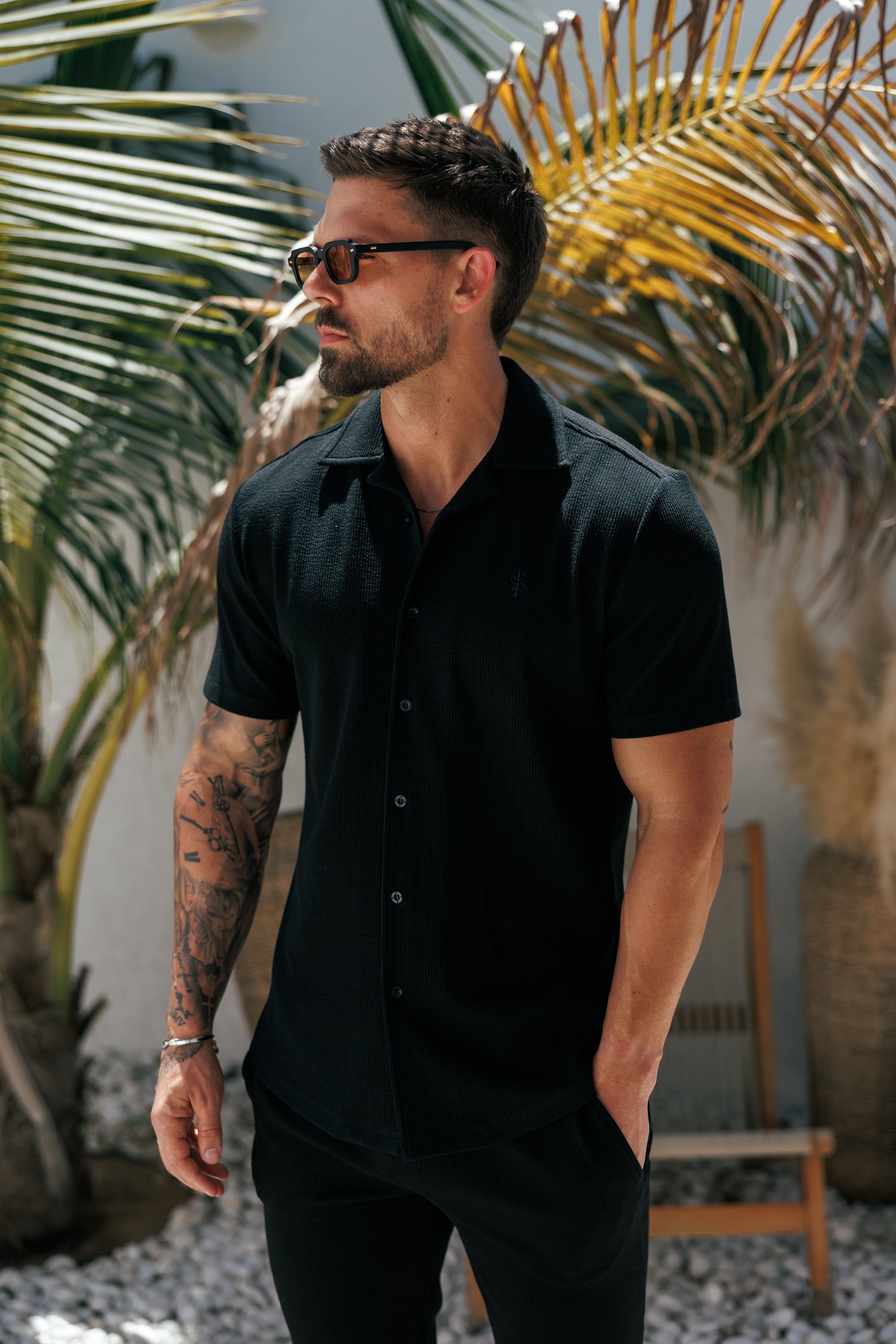 Jersey Cord Stretch Black Revere Shirt Short Sleeve - FSR070