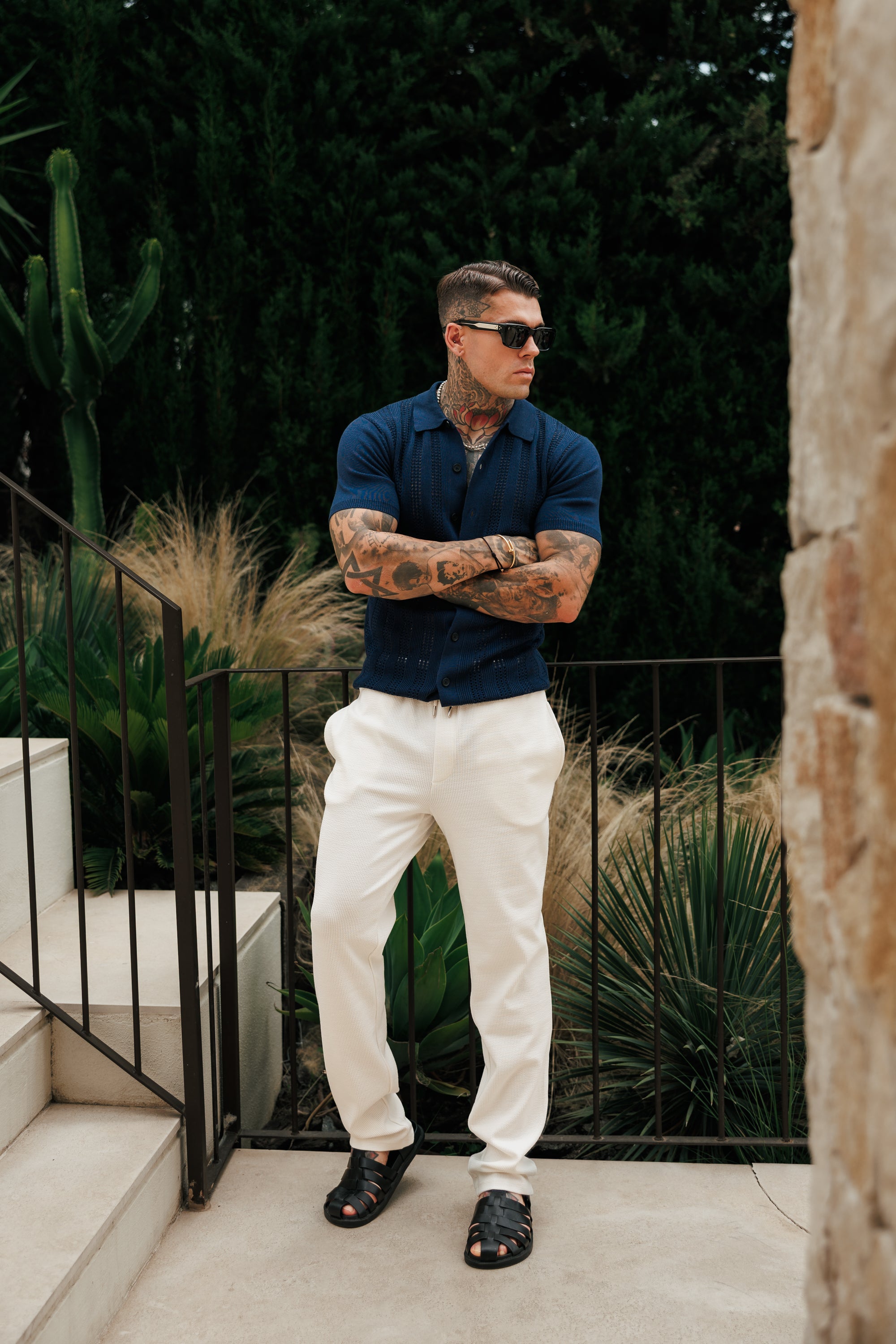 Navy Stripe Perforated Shirt Short Sleeve - FSA020 (PRE ORDER 31ST AUGUST)