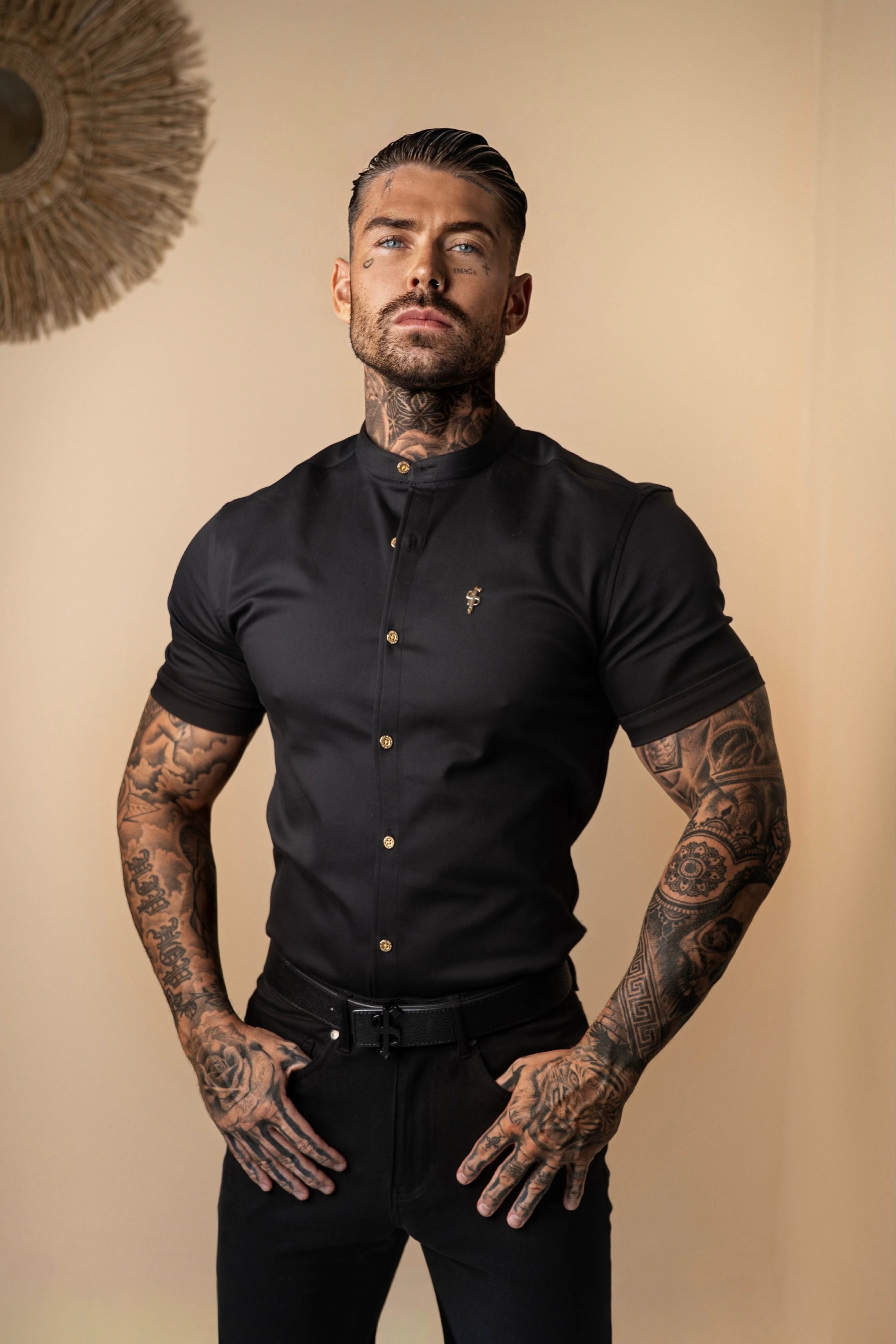 Super Slim Stretch Black Denim Short Sleeve Grandad collar with Metal Buttons and Decal Emblem - FS708