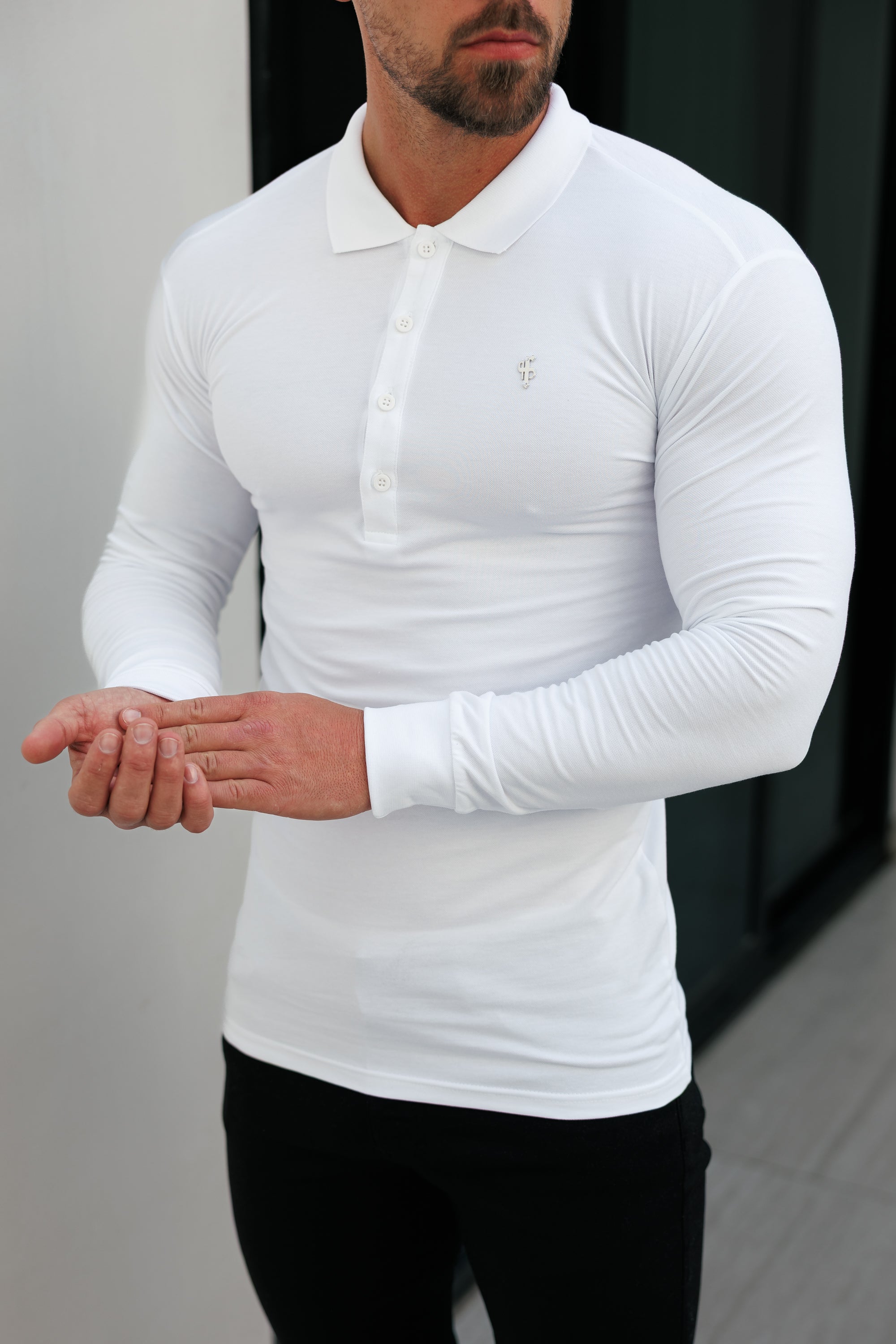 White / Silver Polo Shirt Long Sleeve - FSH1397