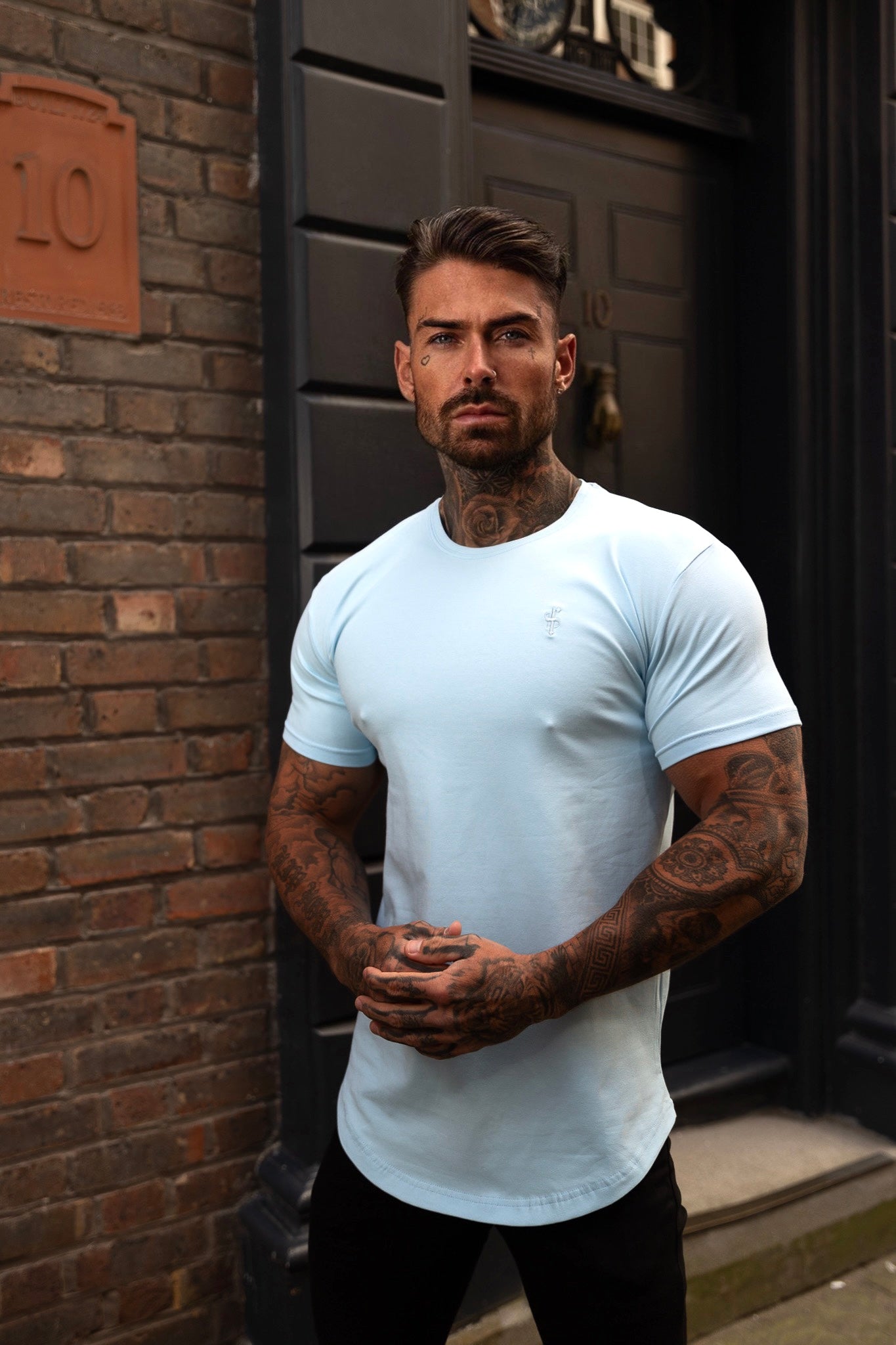 Classic Baby Blue Tonal Curved Hem Crew T Shirt - FSH990