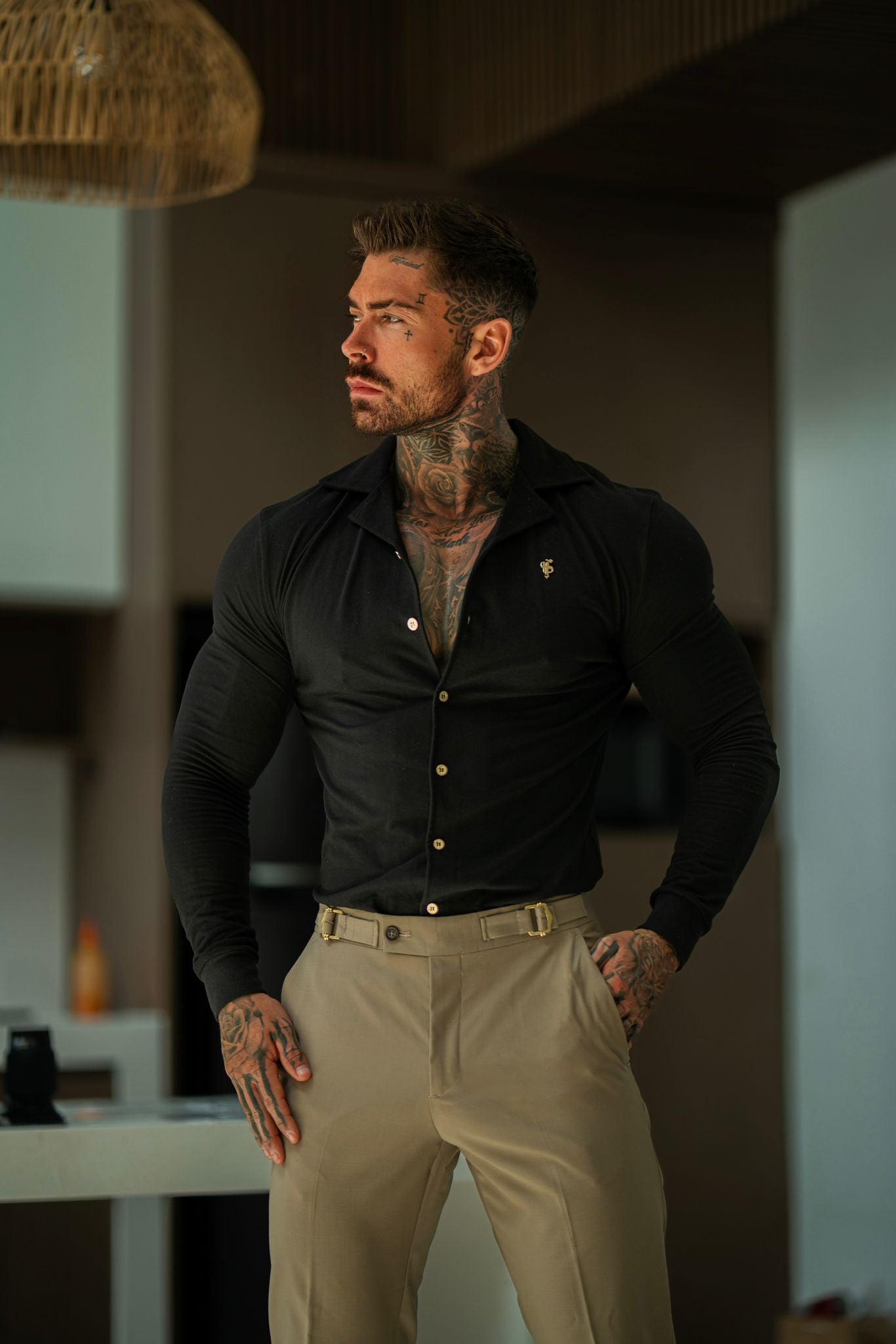 Stretch Black Pique Revere Shirt Long Sleeve - FSH1207