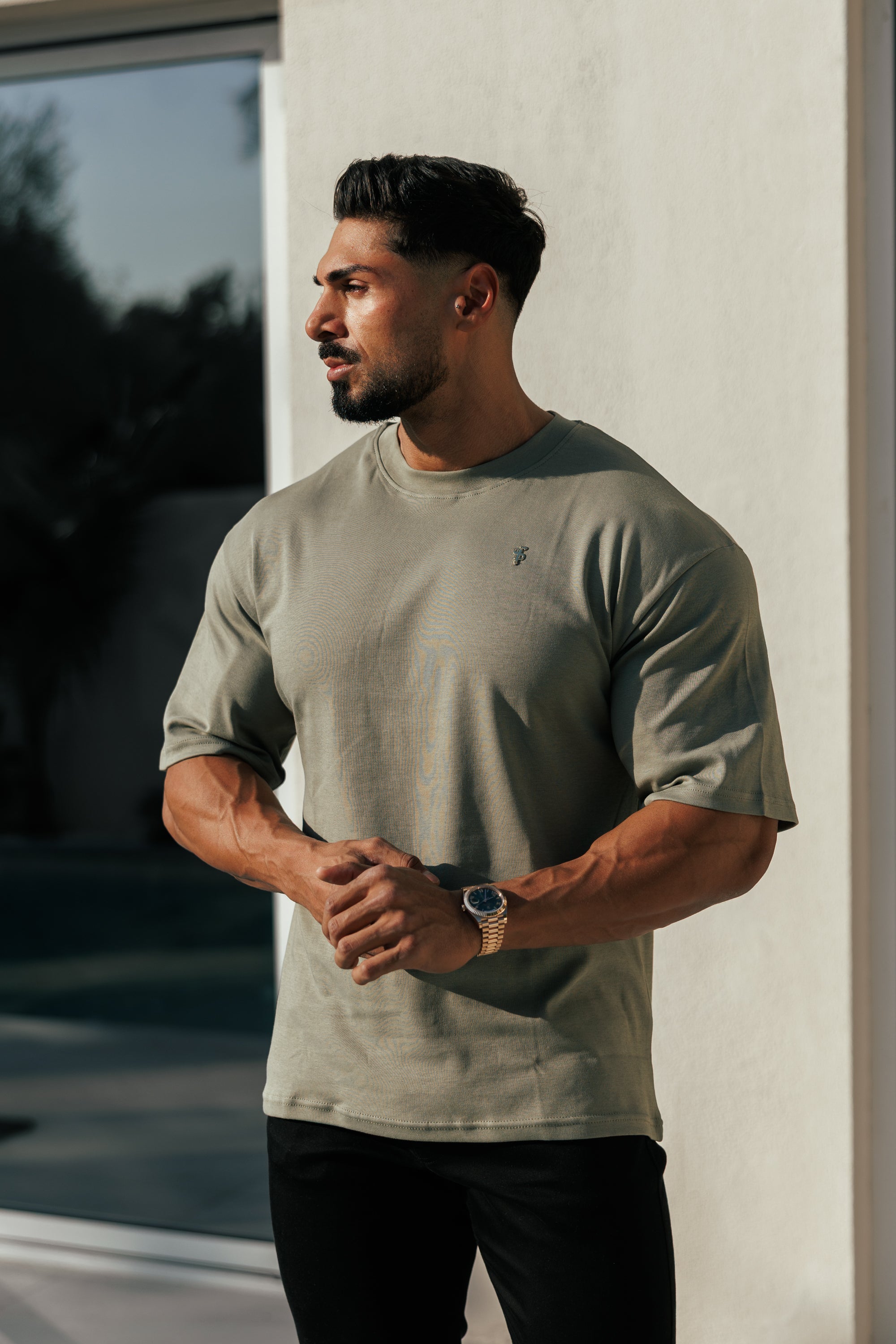 Olive / Gold Oversized Crew T Shirt - FSH1419