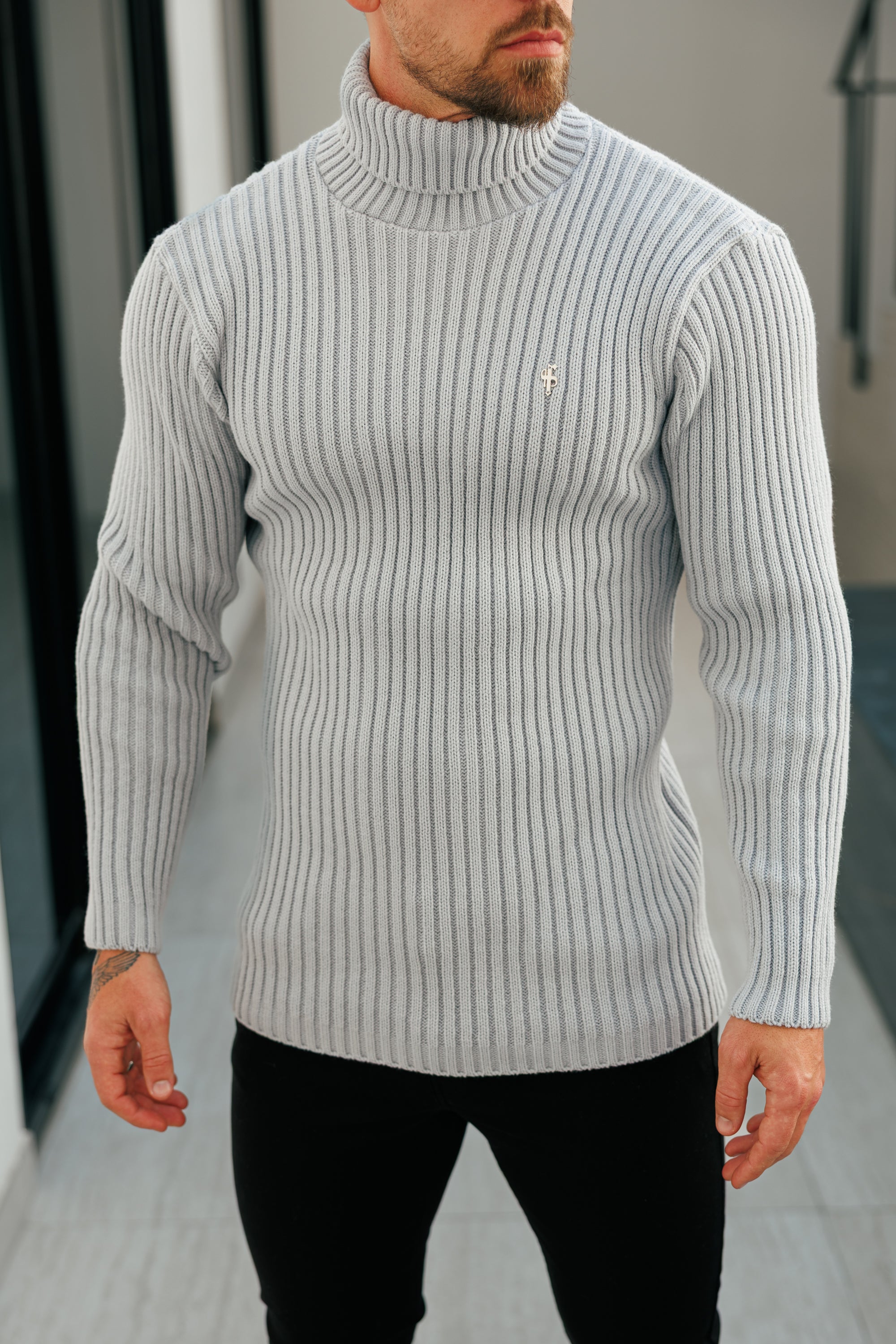Ribbed Knit Cop Grey Roll Neck Jumper - FSJ116