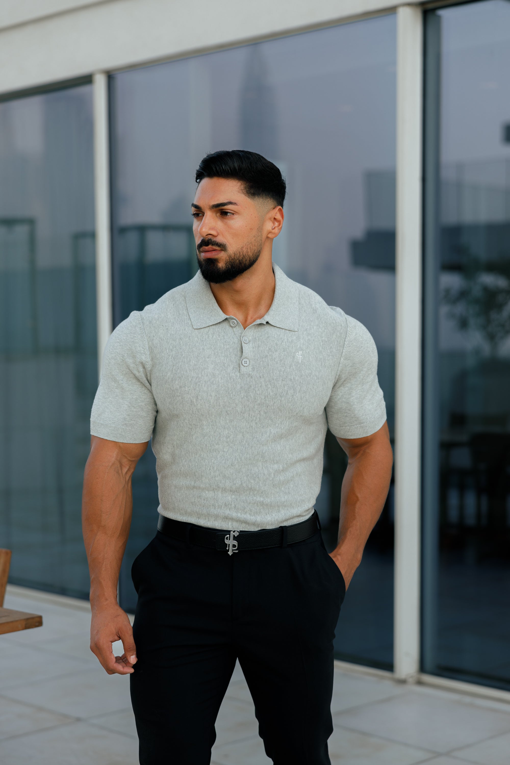 Classic Plain Light Grey Knitted Polo Short Sleeve - FSN110