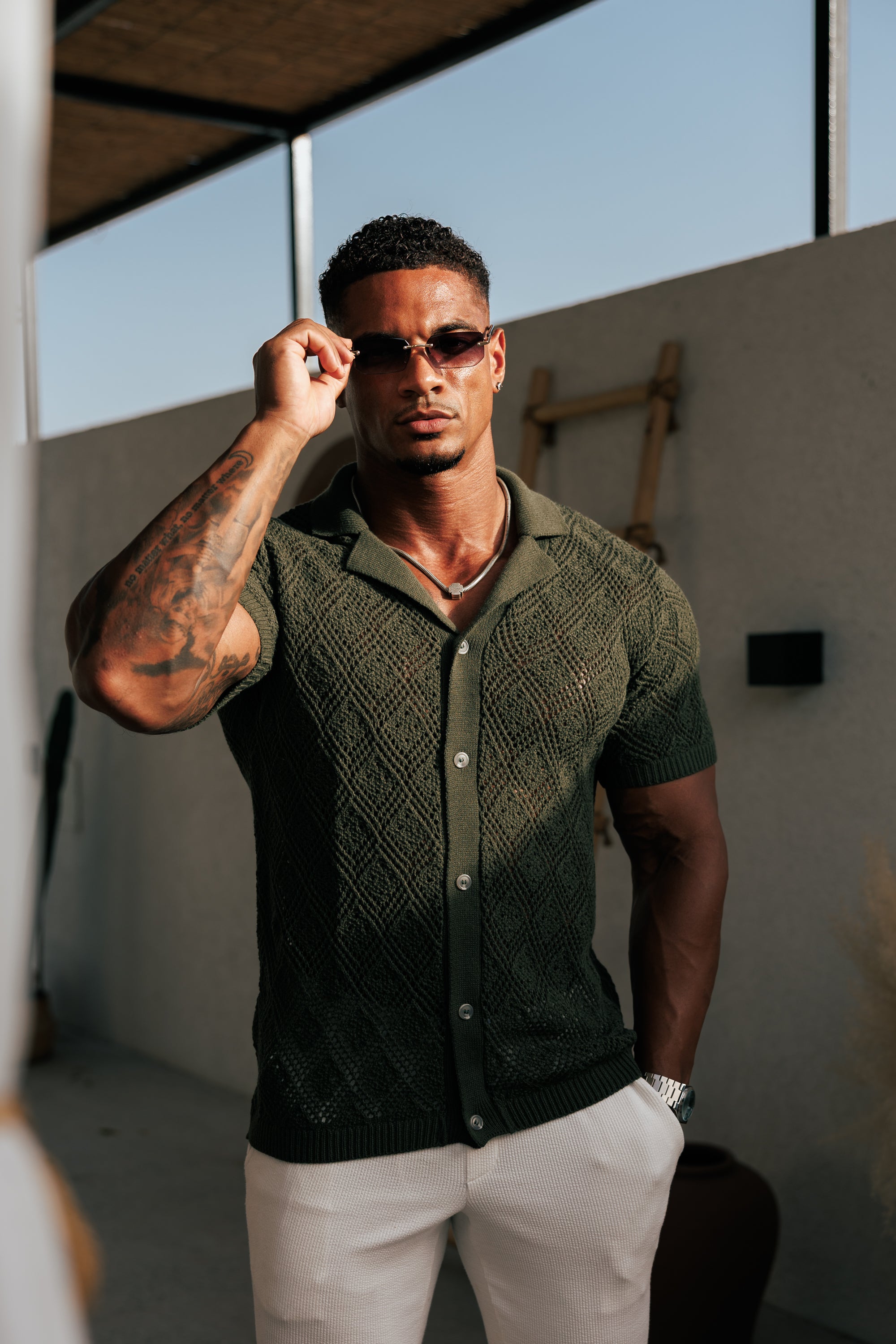 Crochet Shirt Deep Olive Short Sleeve - FSJ081